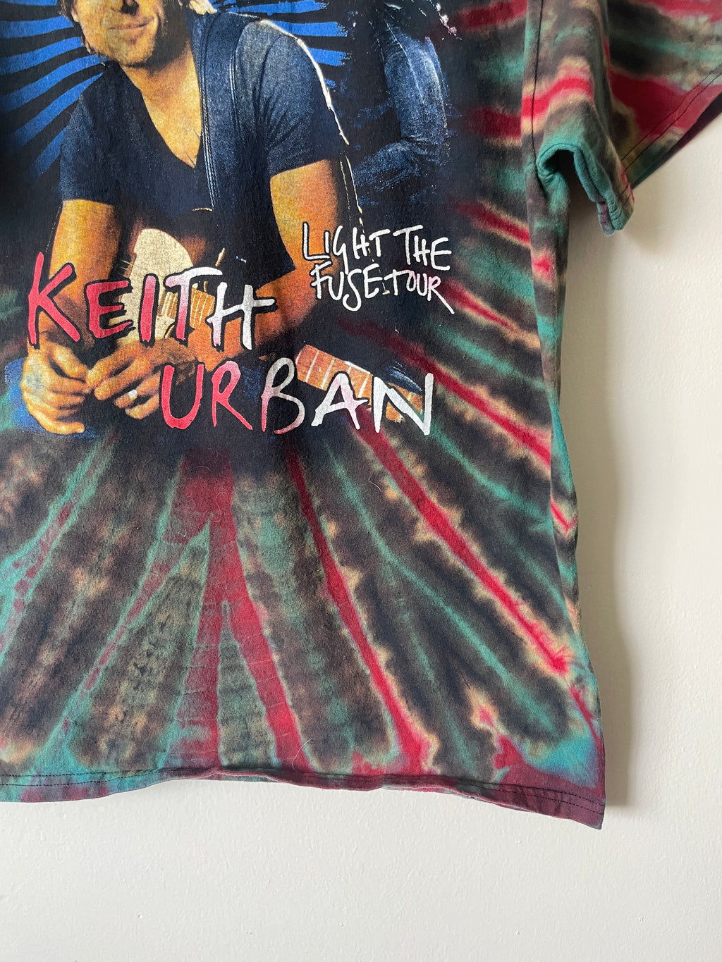 Keith Urban Light the Fuse 2016 Tour Handmade Tie Dye Short Sleeve T-Shirt | One-Of-a-Kind Upcycled Black, Red, and Blue Top | Men's Large