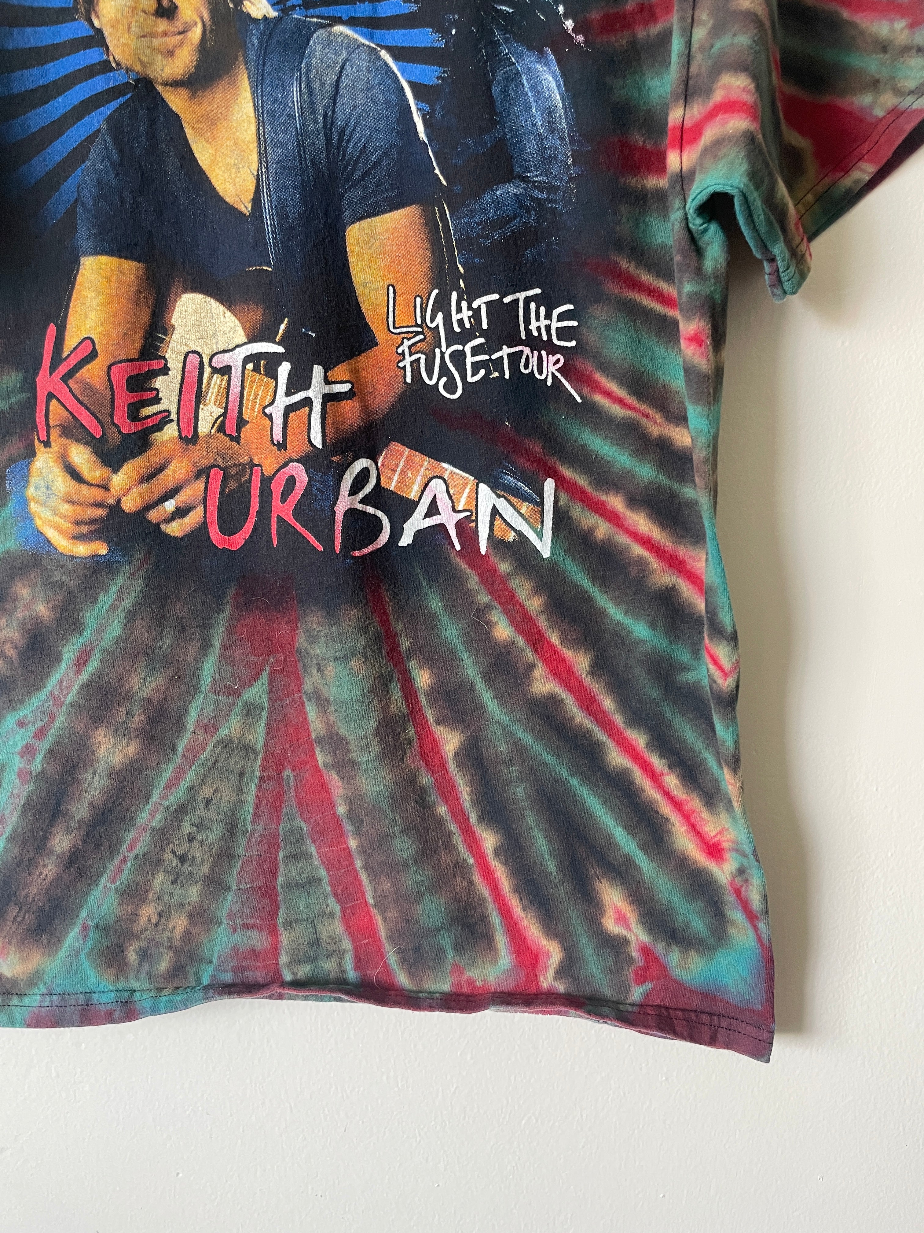 Keith Urban Light the Fuse 2016 Tour Handmade Tie Dye Short Sleeve T-Shirt | One-Of-a-Kind Upcycled Black, Red, and Blue Top | Men's Large