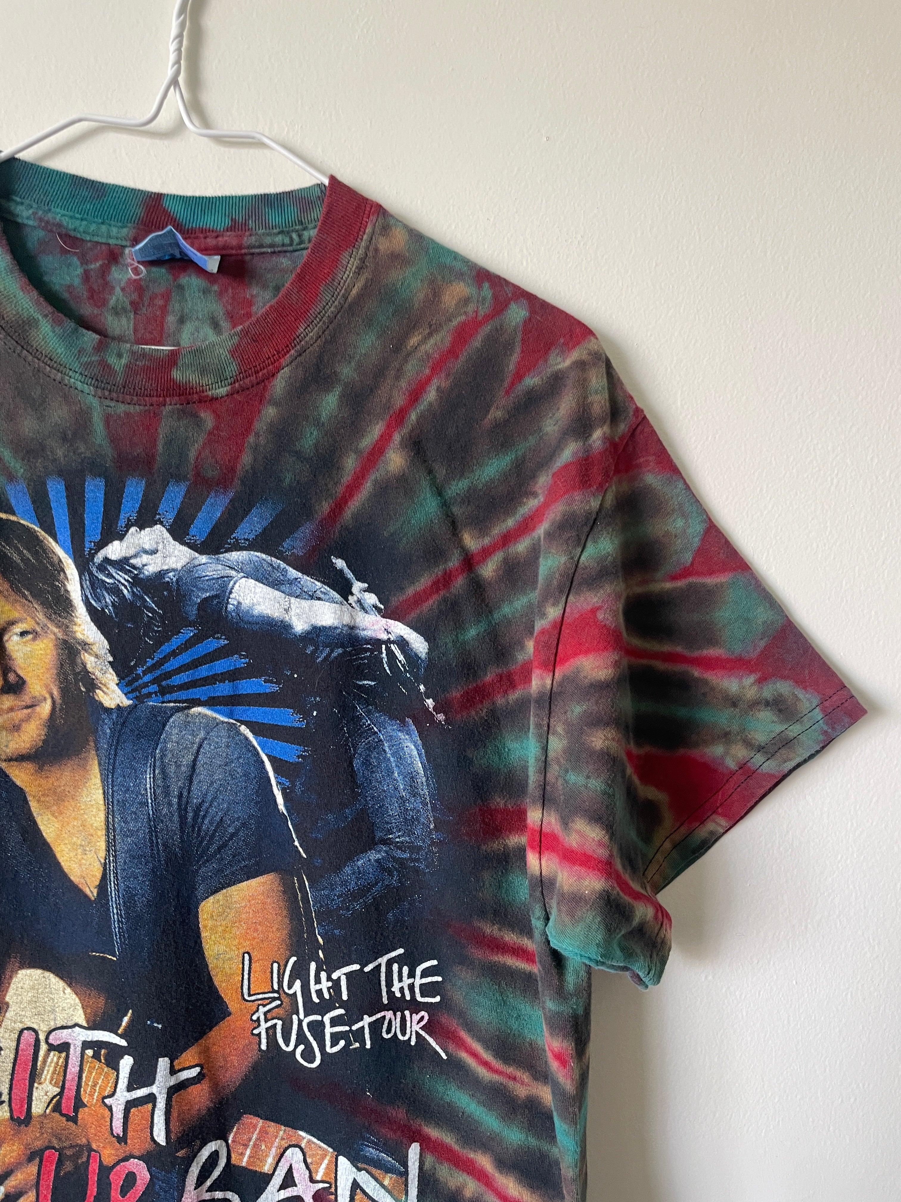 Keith Urban Light the Fuse 2016 Tour Handmade Tie Dye Short Sleeve T-Shirt | One-Of-a-Kind Upcycled Black, Red, and Blue Top | Men's Large