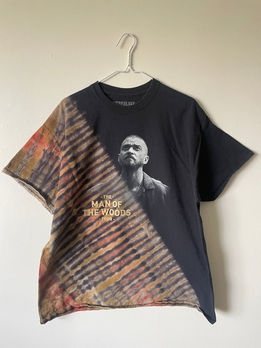 Justin Timberlake Man of the Woods 2018 Tour Handmade Tie Dye Short Sleeve T-Shirt | One-Of-a-Kind Upcycled Black, Tan, and Orange Pleated Top | Men's XL
