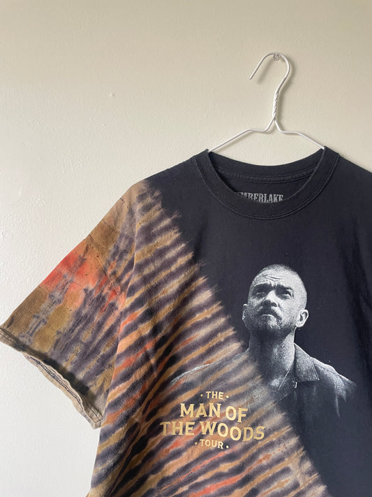 Justin Timberlake Man of the Woods 2018 Tour Handmade Tie Dye Short Sleeve T-Shirt | One-Of-a-Kind Upcycled Black, Tan, and Orange Pleated Top | Men's XL