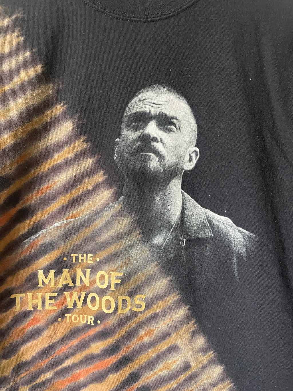 Justin Timberlake Man of the Woods 2018 Tour Handmade Tie Dye Short Sleeve T-Shirt | One-Of-a-Kind Upcycled Black, Tan, and Orange Pleated Top | Men's XL