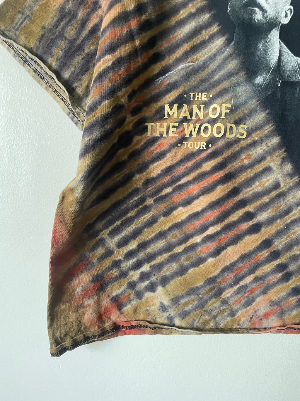 Justin Timberlake Man of the Woods 2018 Tour Handmade Tie Dye Short Sleeve T-Shirt | One-Of-a-Kind Upcycled Black, Tan, and Orange Pleated Top | Men's XL