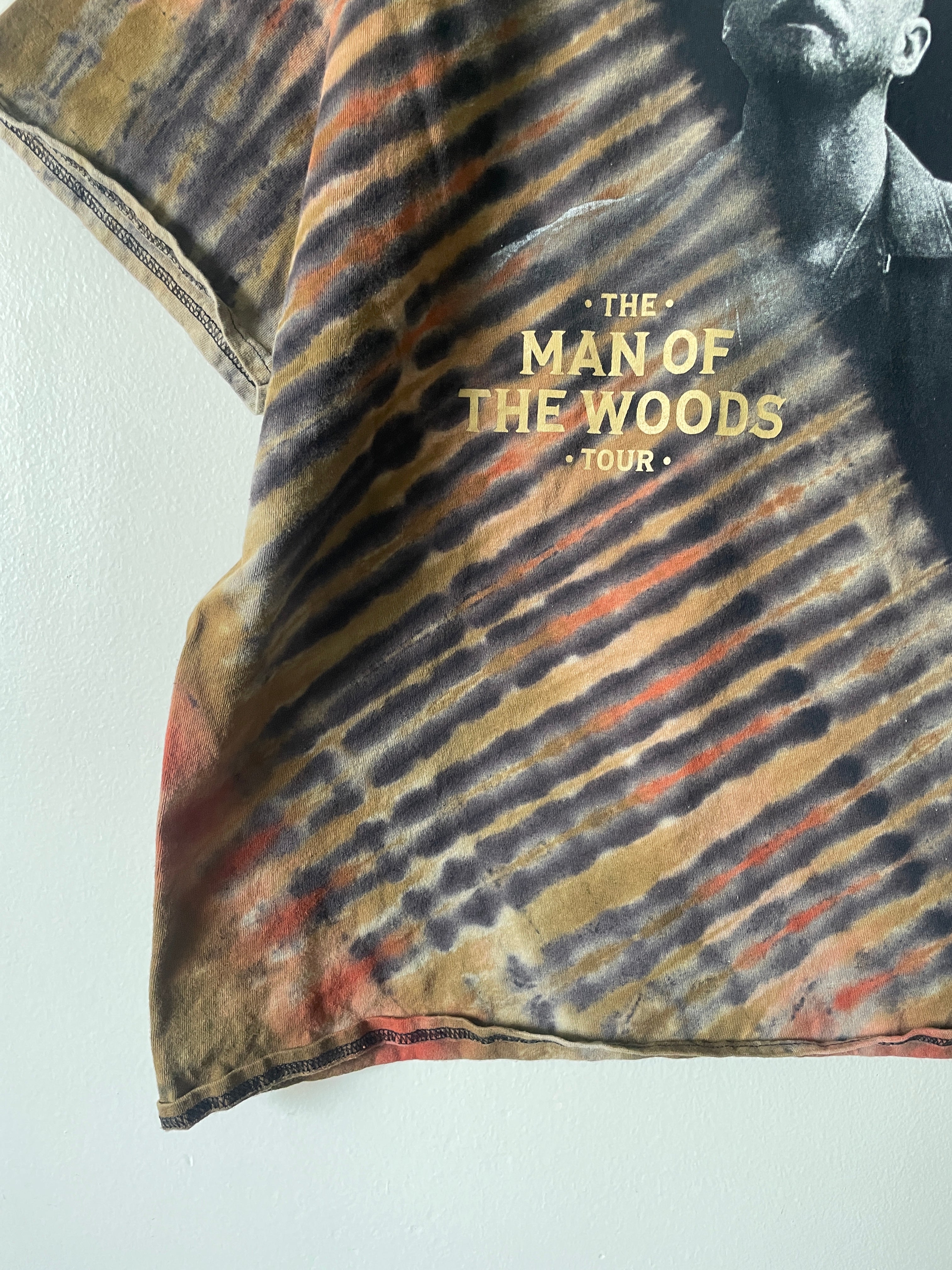 Justin Timberlake Man of the Woods 2018 Tour Handmade Tie Dye Short Sleeve T-Shirt | One-Of-a-Kind Upcycled Black, Tan, and Orange Pleated Top | Men's XL