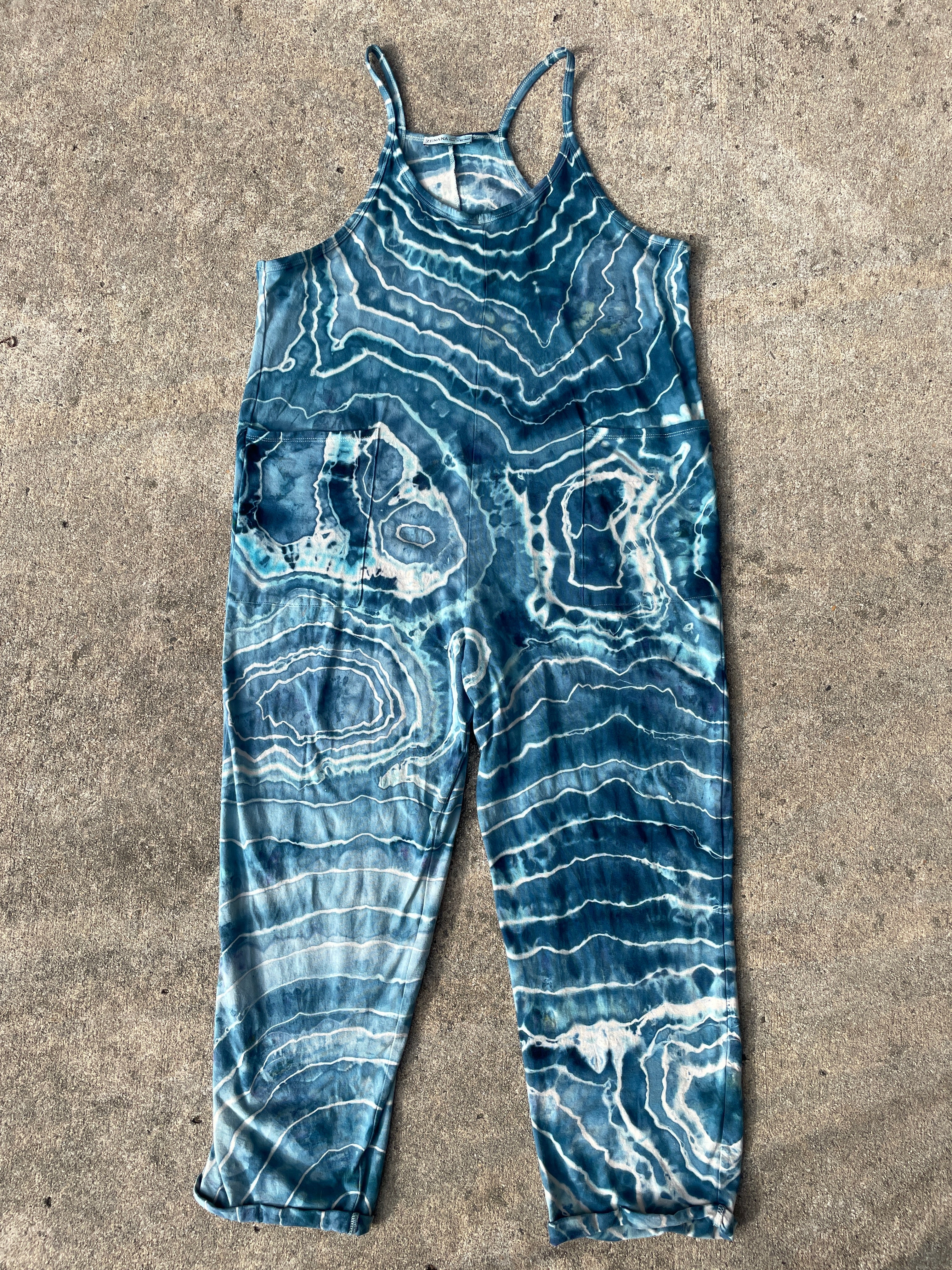 Blue Waves Tie Dye Jumpsuit | Women's Size Large/XL | Blue and White Geode Jumper