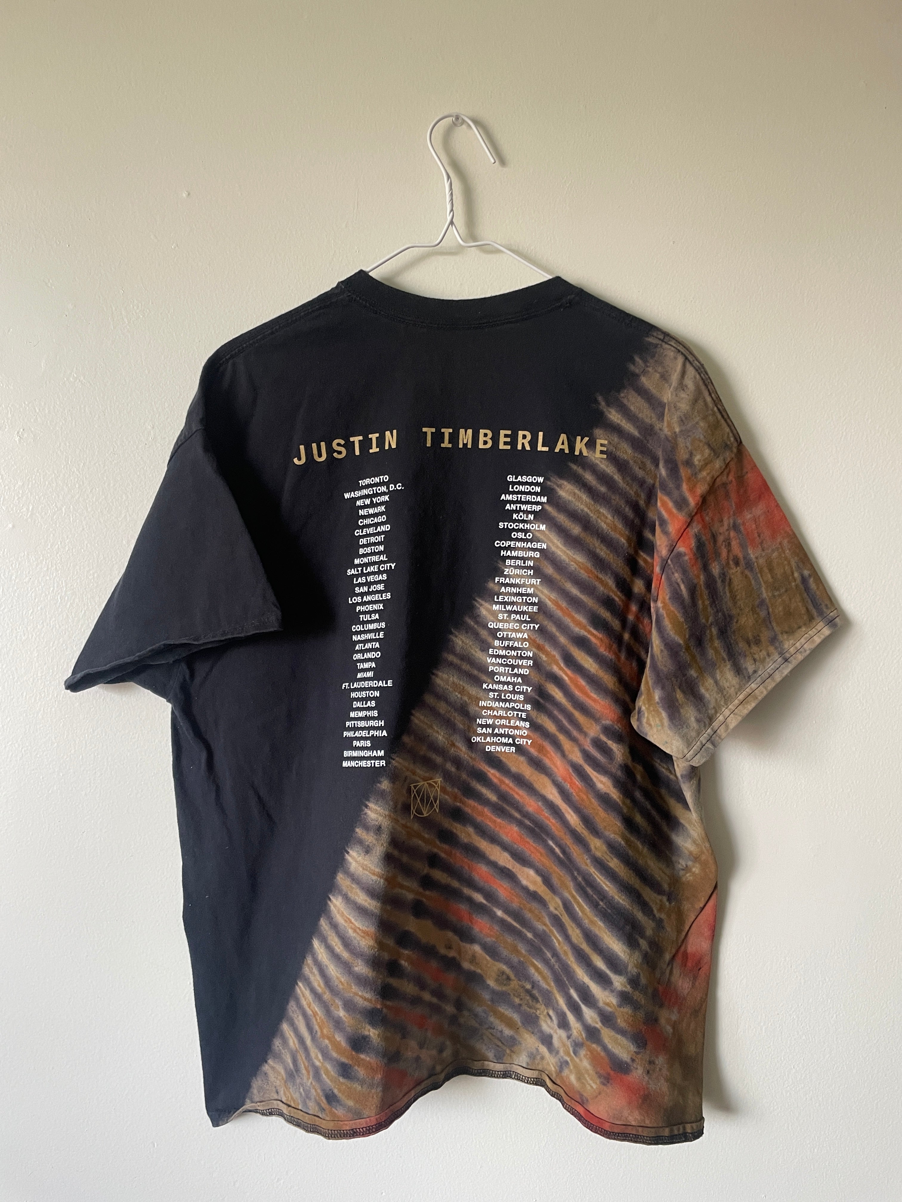 Justin Timberlake Man of the Woods 2018 Tour Handmade Tie Dye Short Sleeve T-Shirt | One-Of-a-Kind Upcycled Black, Tan, and Orange Pleated Top | Men's XL