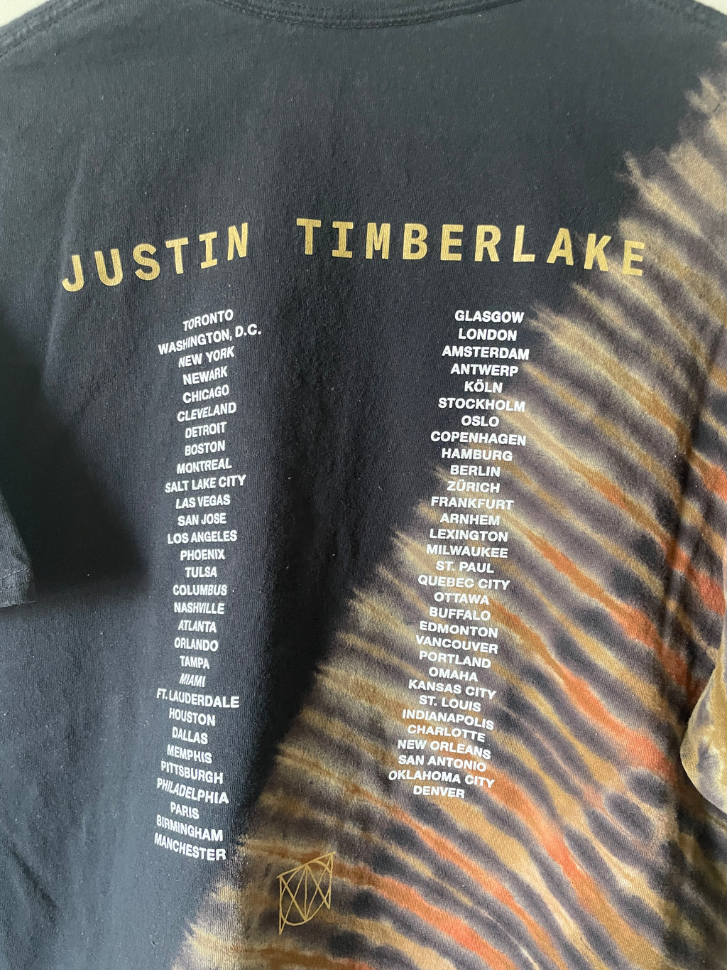 Justin Timberlake Man of the Woods 2018 Tour Handmade Tie Dye Short Sleeve T-Shirt | One-Of-a-Kind Upcycled Black, Tan, and Orange Pleated Top | Men's XL
