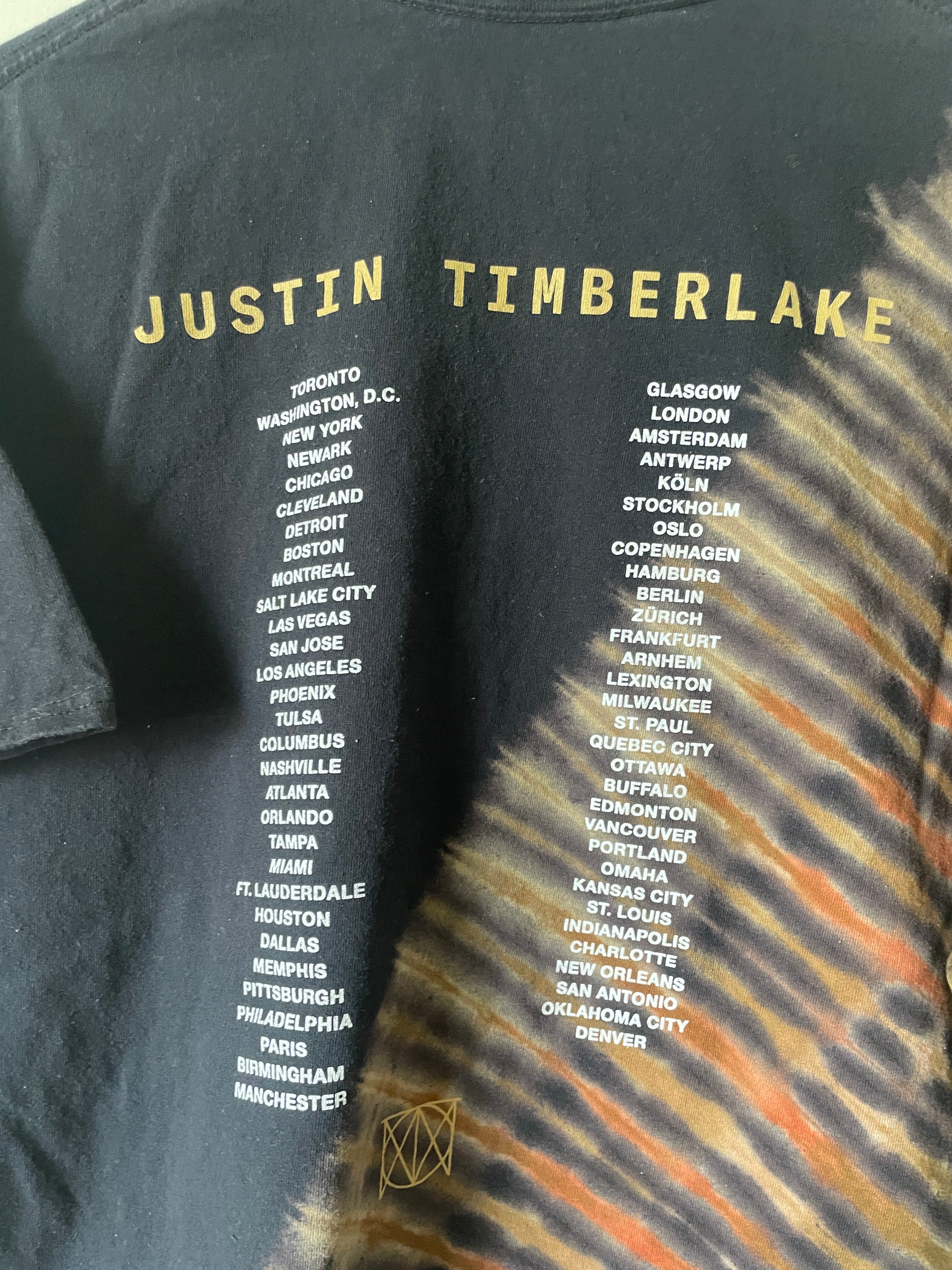 Justin Timberlake Man of the Woods 2018 Tour Handmade Tie Dye Short Sleeve T-Shirt | One-Of-a-Kind Upcycled Black, Tan, and Orange Pleated Top | Men's XL