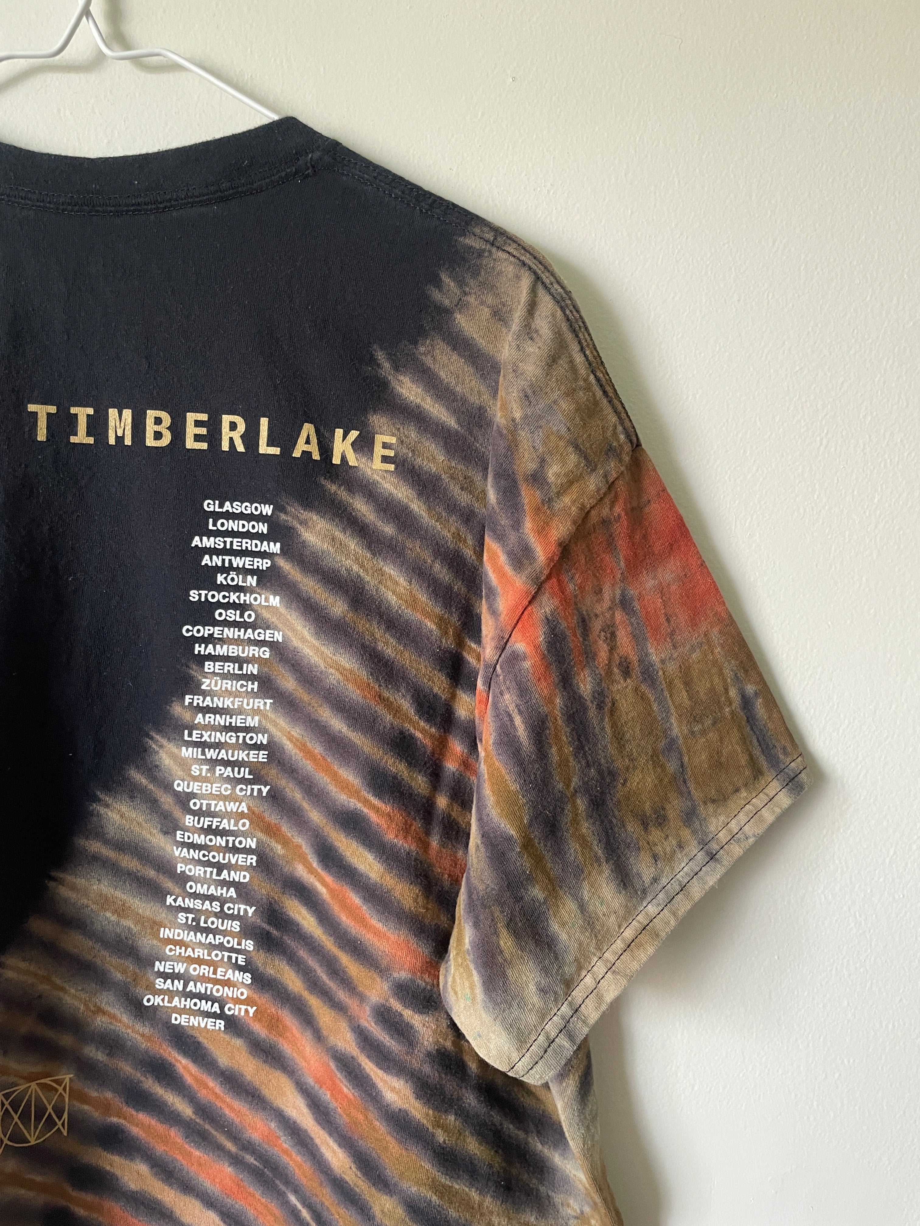 Justin Timberlake Man of the Woods 2018 Tour Handmade Tie Dye Short Sleeve T-Shirt | One-Of-a-Kind Upcycled Black, Tan, and Orange Pleated Top | Men's XL