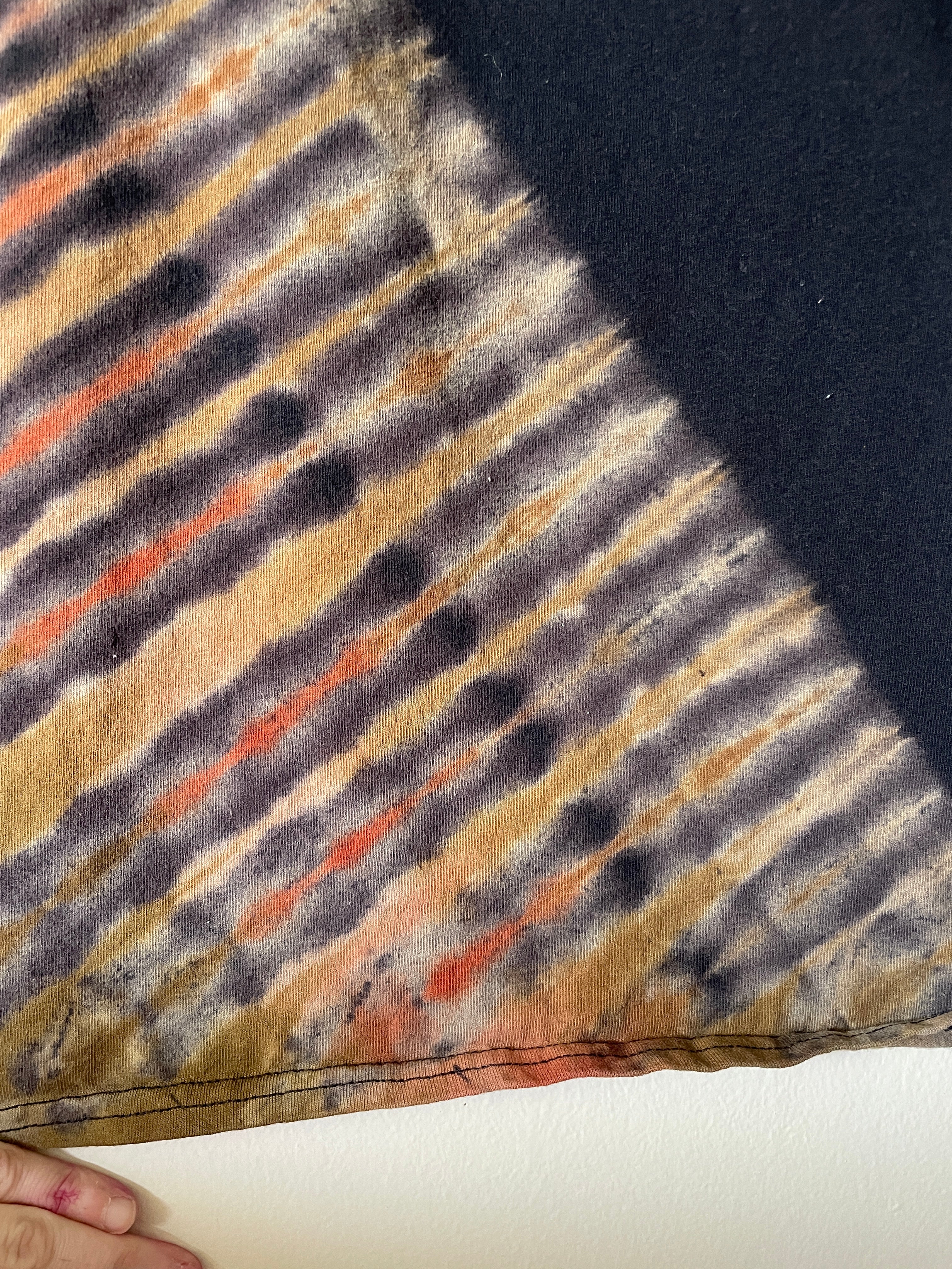 Justin Timberlake Man of the Woods 2018 Tour Handmade Tie Dye Short Sleeve T-Shirt | One-Of-a-Kind Upcycled Black, Tan, and Orange Pleated Top | Men's XL