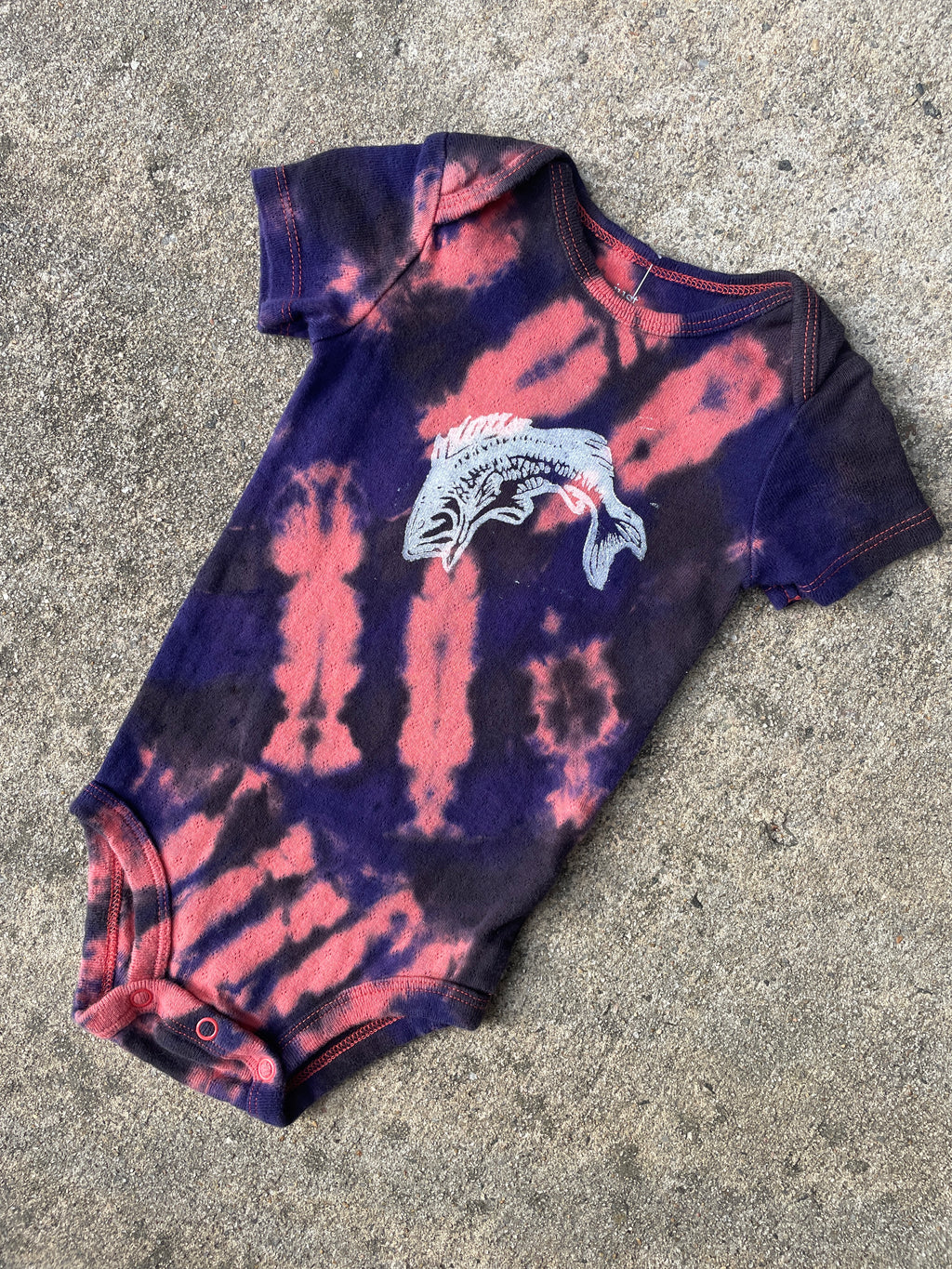 Largemouth Bass Pink & Black Tie Dye Baby Onesie | Size 12 MO