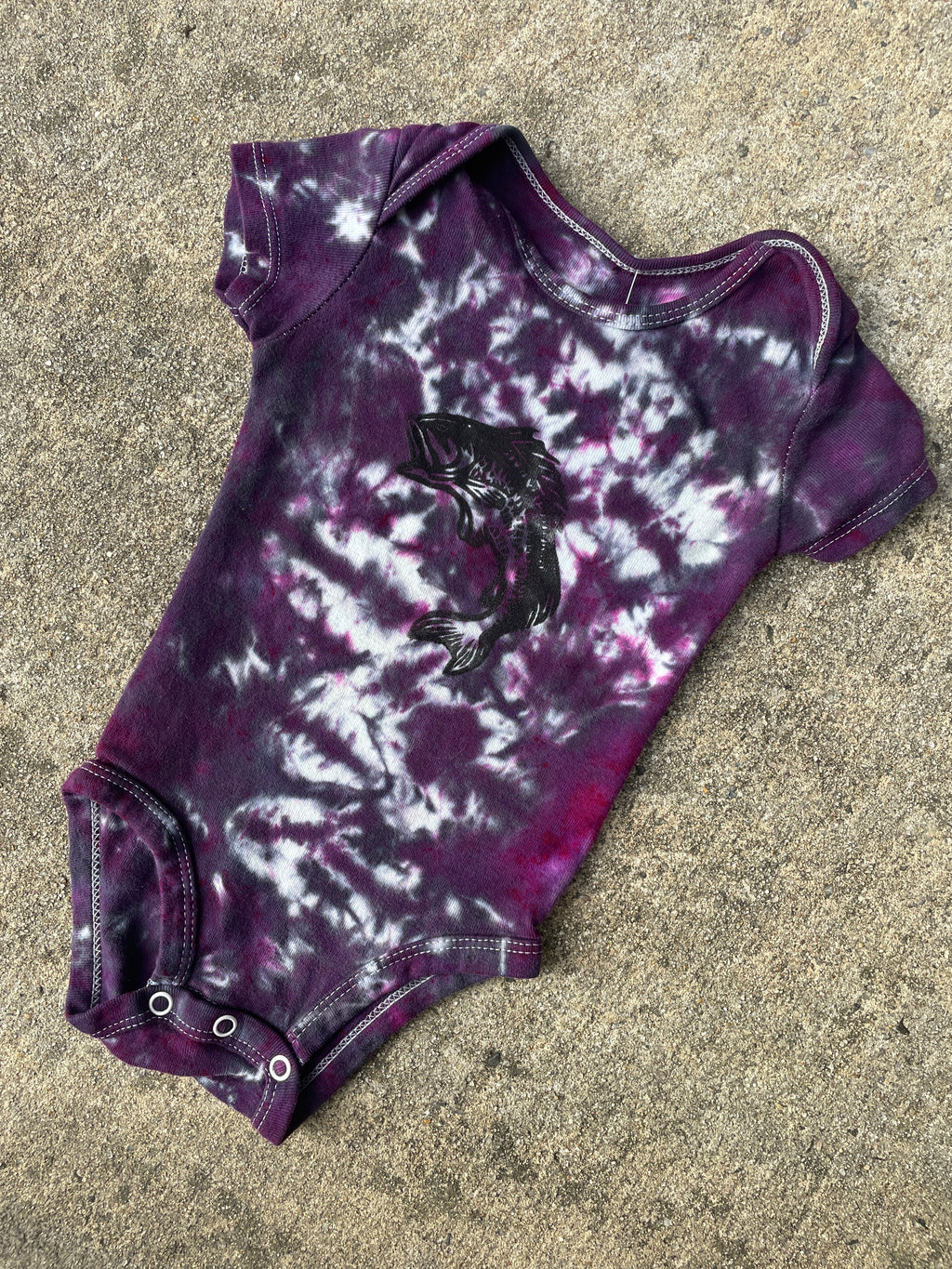 Largemouth Bass Purple & Gray Tie Dye Baby Onesie | Size 6-9 MO
