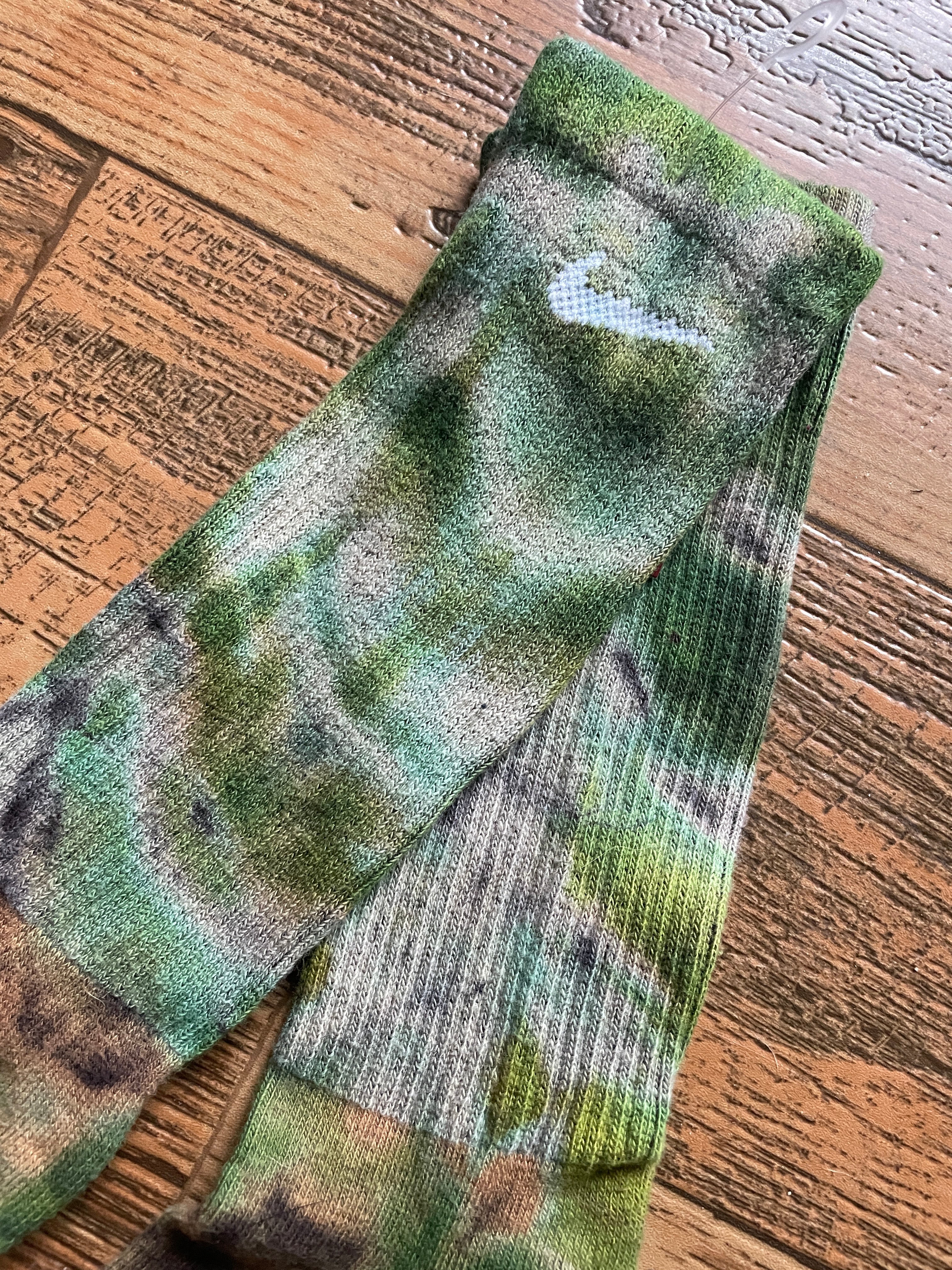 Green and Black Acid Dye Socks | One-of-a-Kind Nike Dri-FIT Everyday Plus Training Socks | Size Large (Men's 9-12/Women's 10-13)
