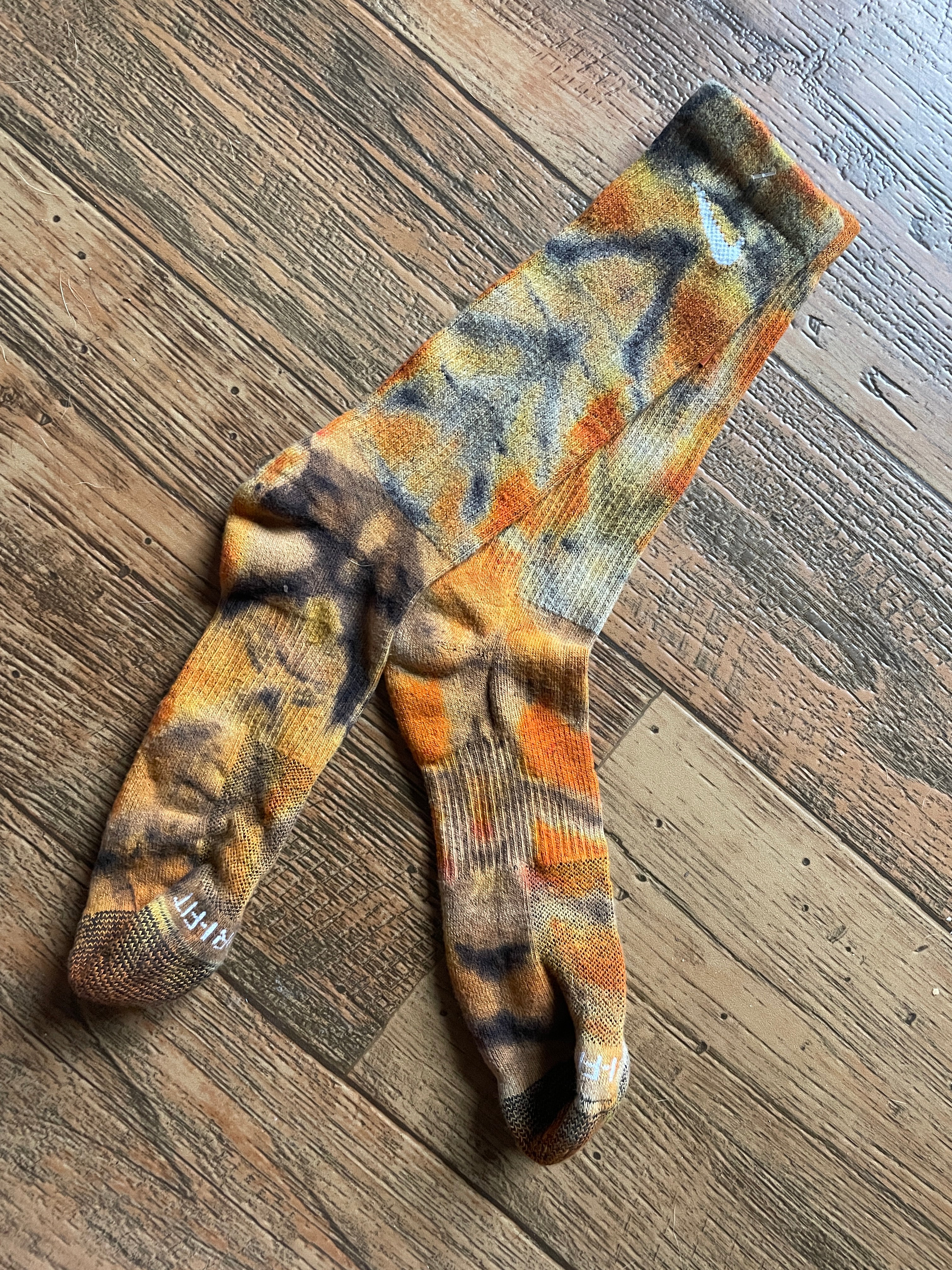 Orange, Yellow, and Black Acid Dye Socks | One-of-a-Kind Nike Dri-FIT Everyday Plus Training Socks | Size Large (Men's 9-12/Women's 10-13)