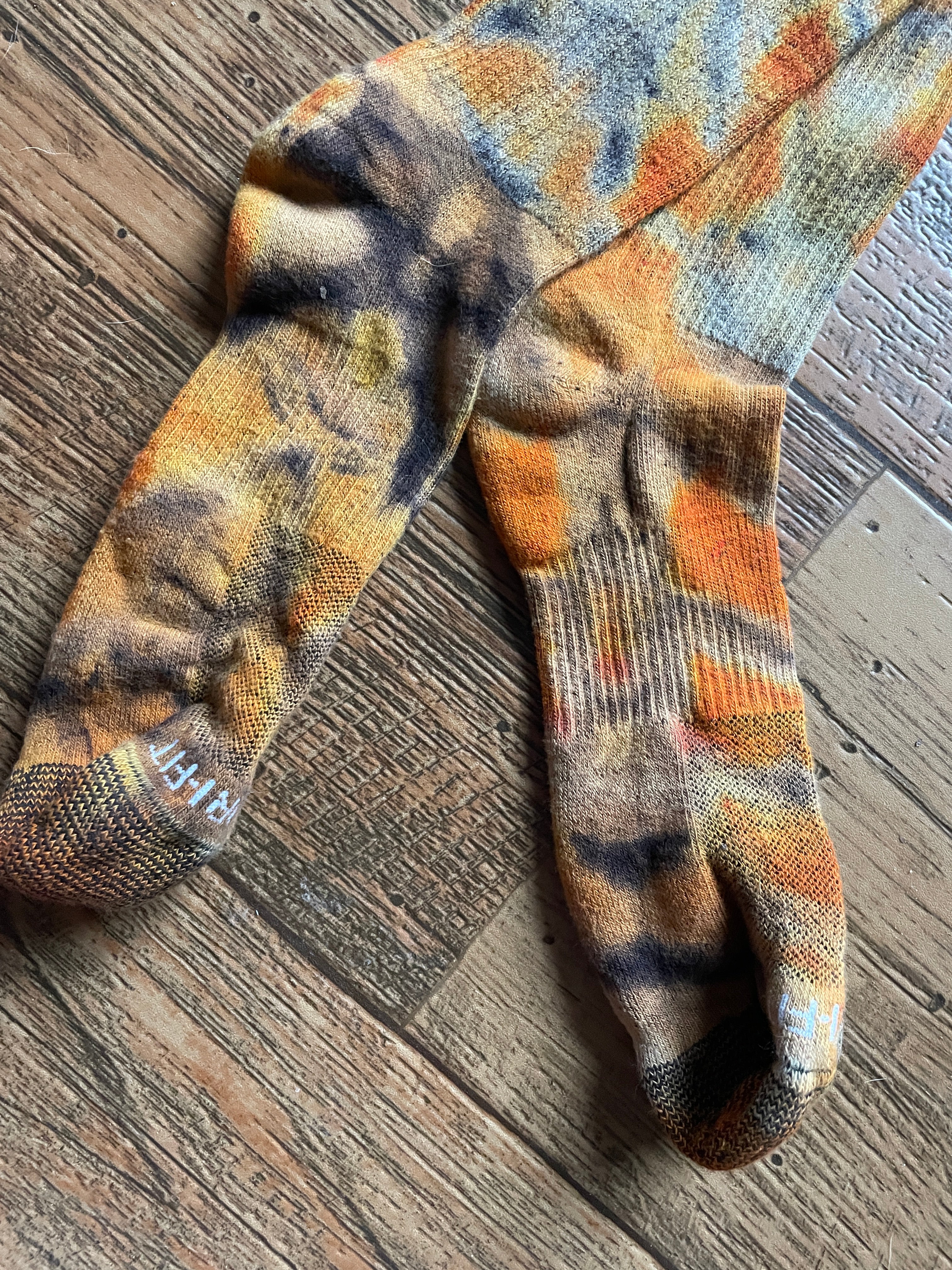 Orange, Yellow, and Black Acid Dye Socks | One-of-a-Kind Nike Dri-FIT Everyday Plus Training Socks | Size Large (Men's 9-12/Women's 10-13)