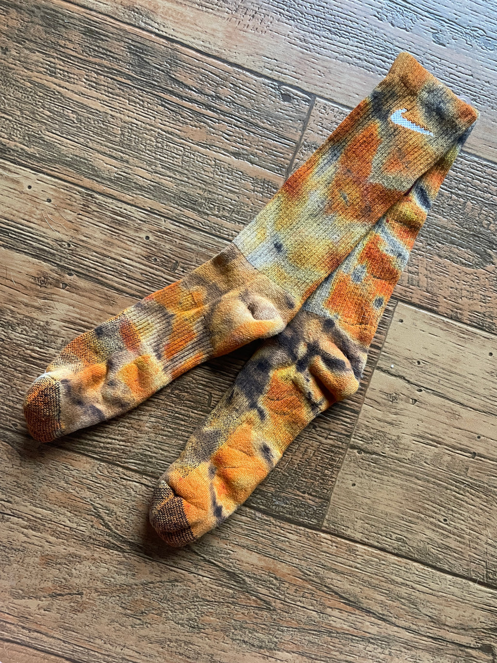 Orange, Yellow, and Black Acid Dye Socks | One-of-a-Kind Nike Dri-FIT Everyday Plus Training Socks | Size Large (Men's 9-12/Women's 10-13)