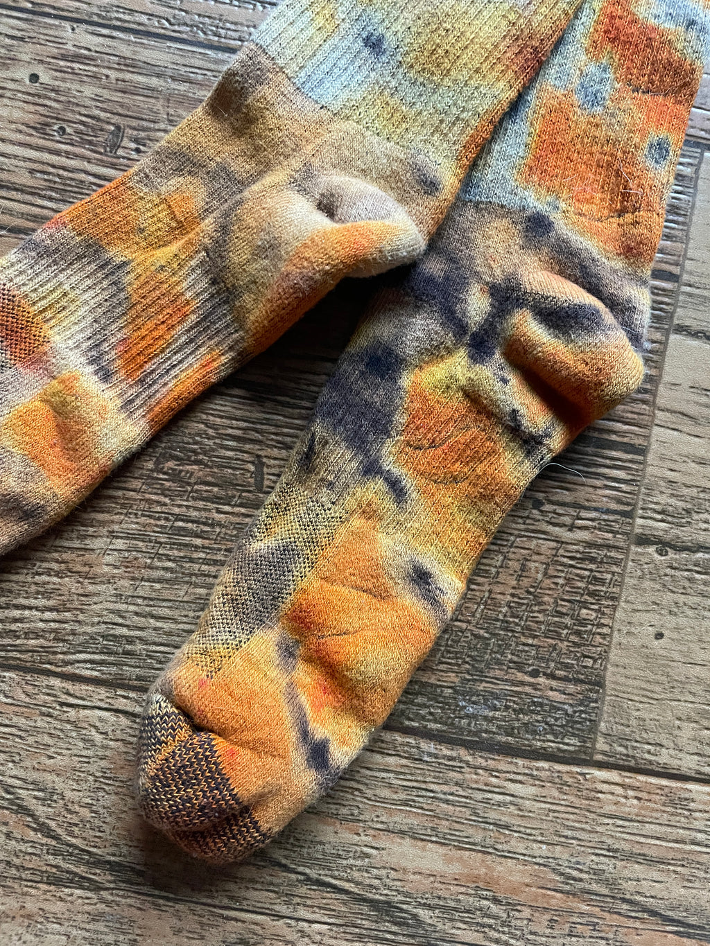 Orange, Yellow, and Black Acid Dye Socks | One-of-a-Kind Nike Dri-FIT Everyday Plus Training Socks | Size Large (Men's 9-12/Women's 10-13)