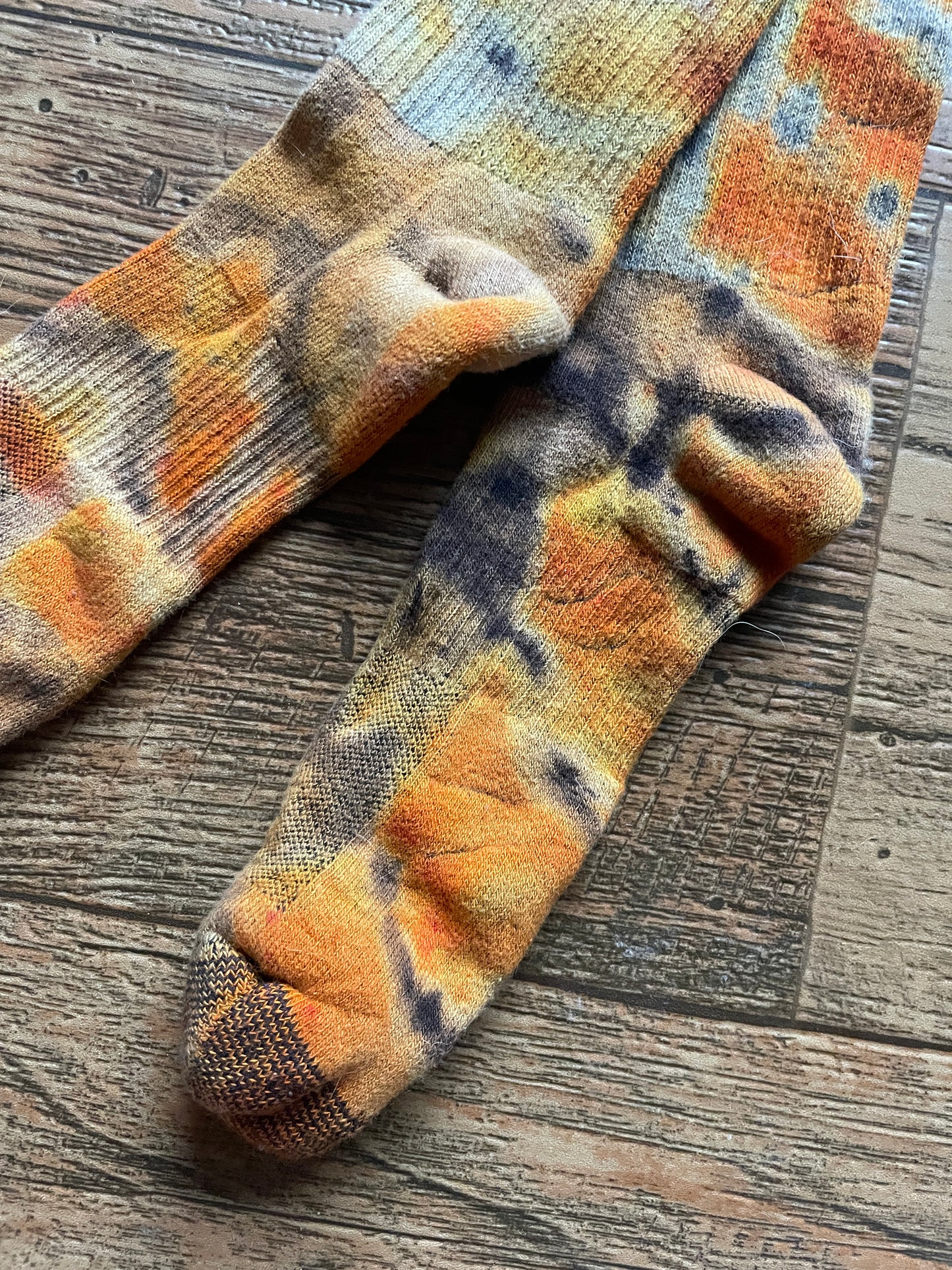 Orange, Yellow, and Black Acid Dye Socks | One-of-a-Kind Nike Dri-FIT Everyday Plus Training Socks | Size Large (Men's 9-12/Women's 10-13)
