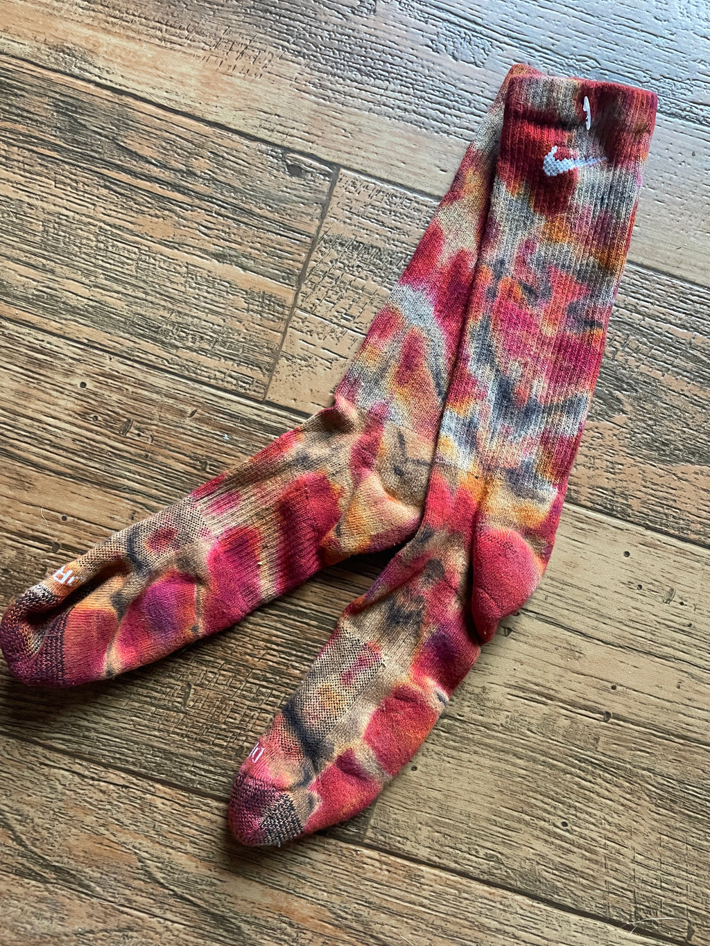 Red and Black Acid Dye Socks | One-of-a-Kind Nike Dri-FIT Everyday Plus Training Socks | Size Large (Men's 9-12/Women's 10-13)