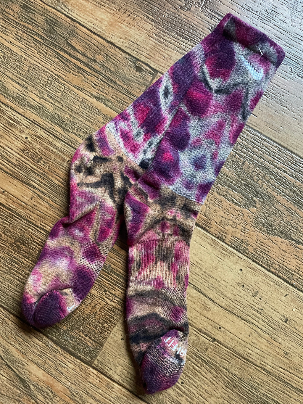 Purple and Black Acid Dye Socks | One-of-a-Kind Nike Dri-FIT Everyday Plus Training Socks | Size Large (Men's 9-12/Women's 10-13)