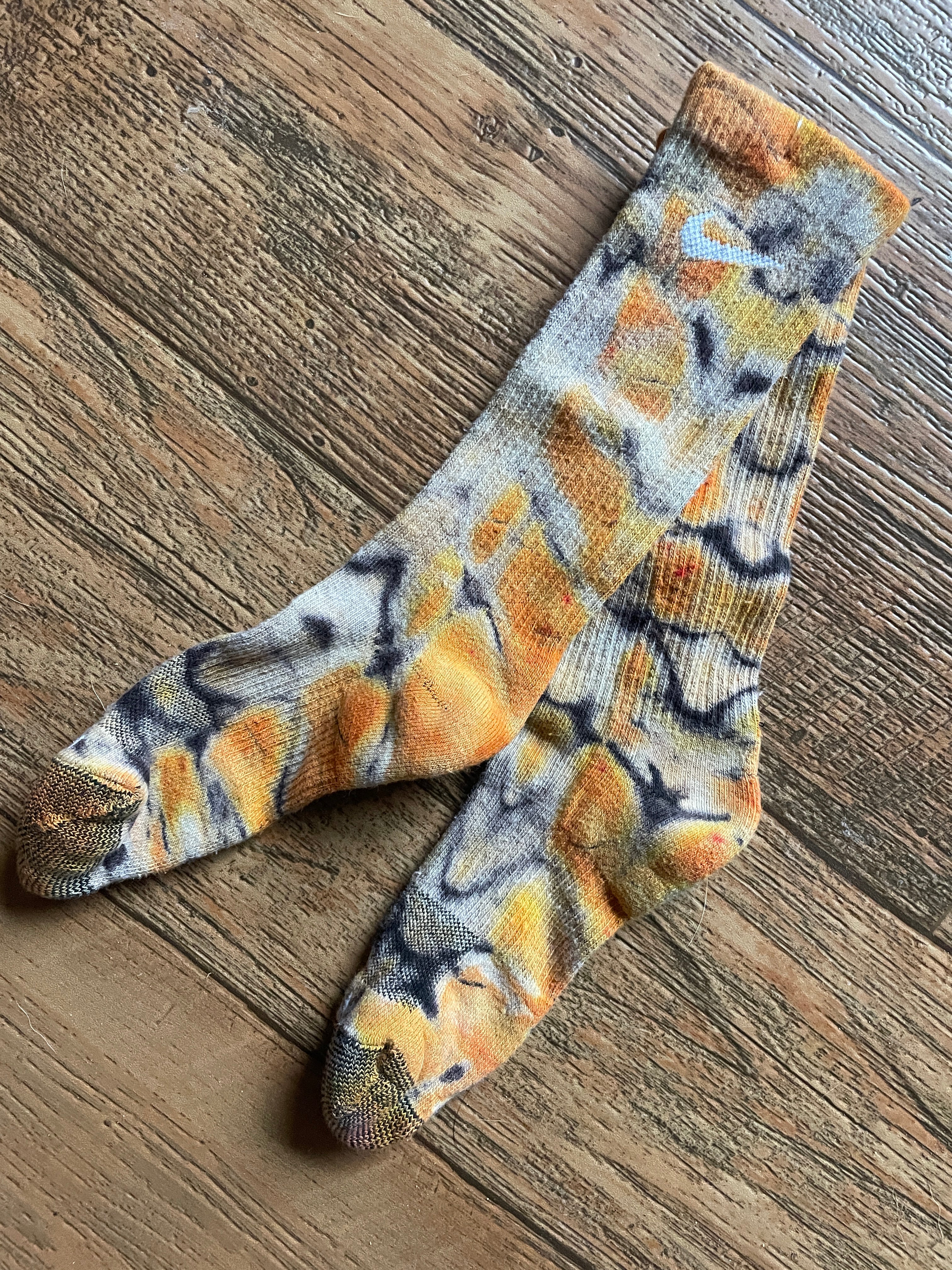 Orange and Black Acid Dye Socks | One-of-a-Kind Nike Dri-FIT Everyday Plus Training Socks | Size Medium (Men's 6-8/Women's 6-10)