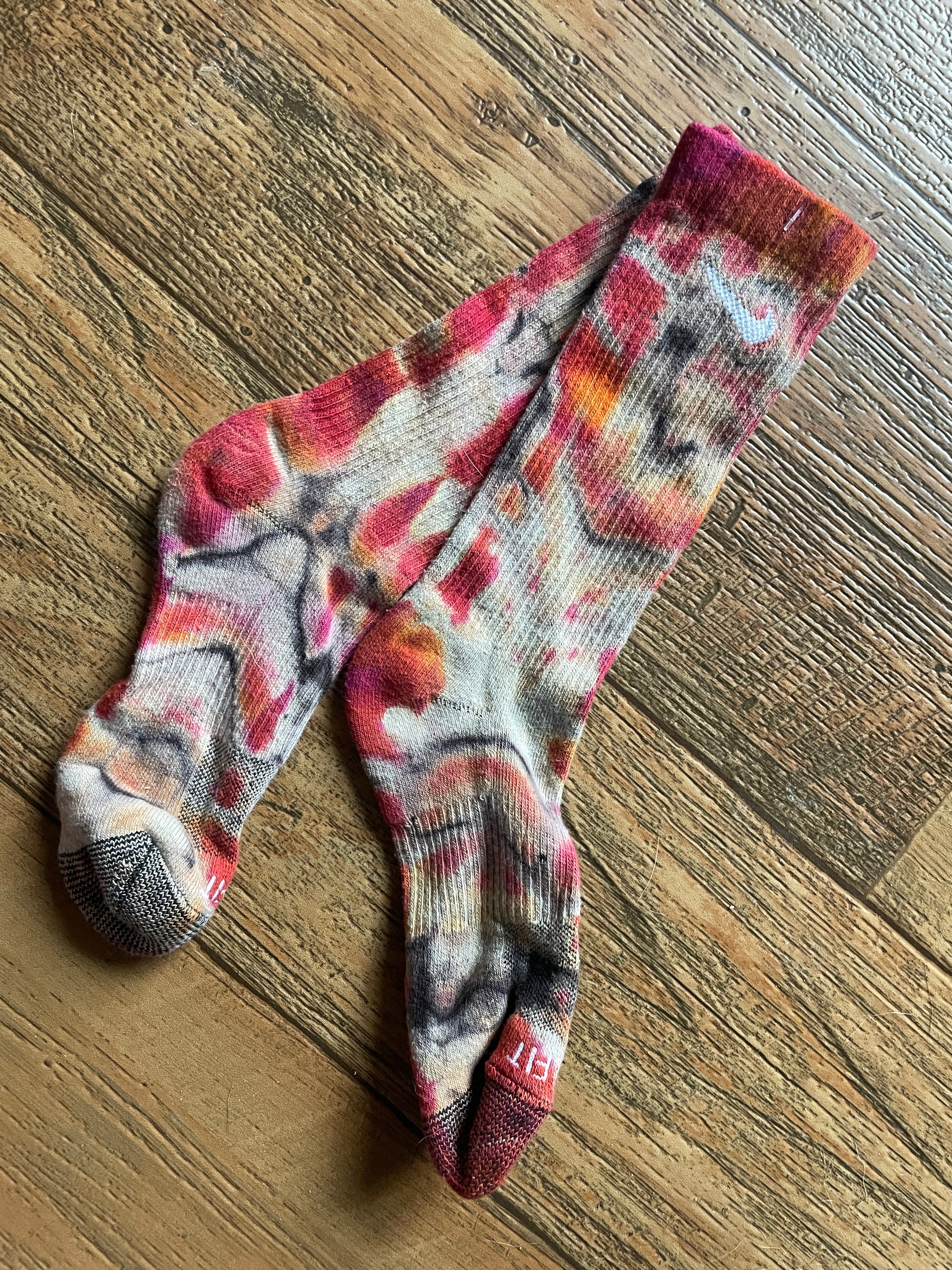 Red and Black Acid Dye Socks | One-of-a-Kind Nike Dri-FIT Everyday Plus Training Socks | Size Medium (Men's 6-8/Women's 6-10)