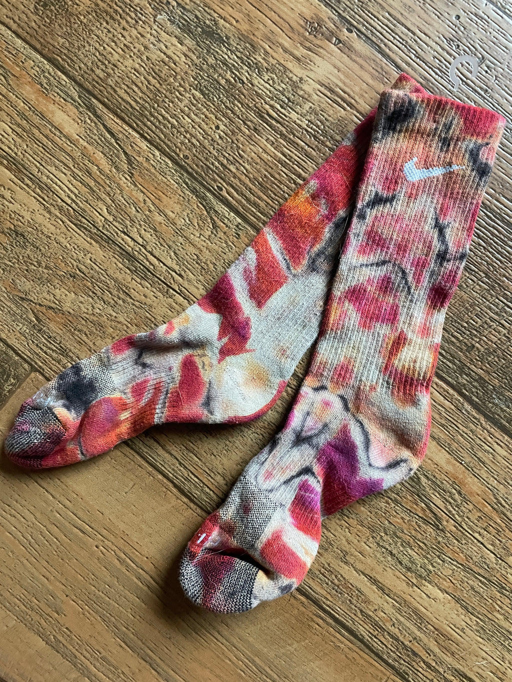 Red and Black Acid Dye Socks | One-of-a-Kind Nike Dri-FIT Everyday Plus Training Socks | Size Medium (Men's 6-8/Women's 6-10)