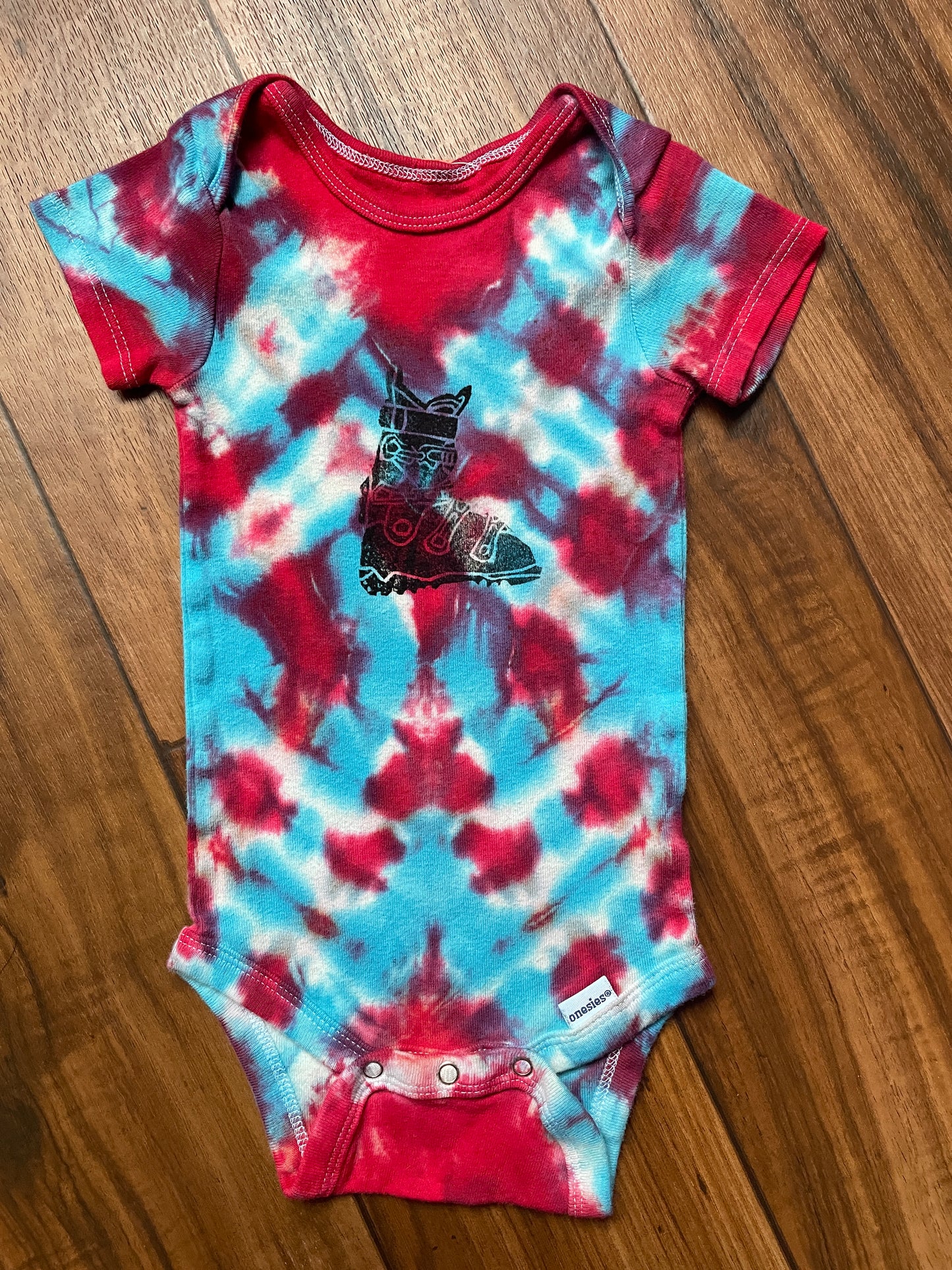 12 MO Red, White, and Blue Ski Boot Tie Dye Short Sleeve Baby Onesie