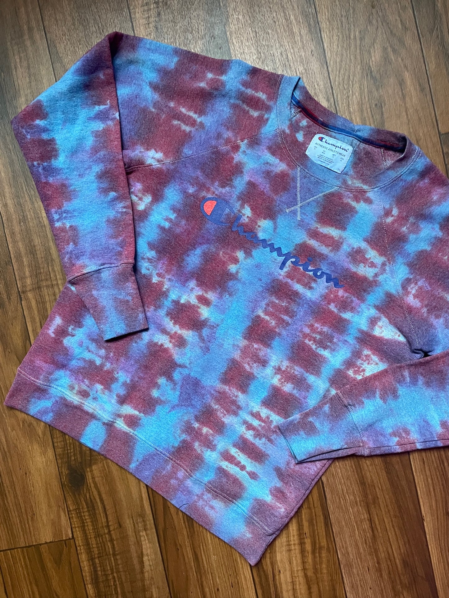 Unisex Medium Champion Red, Purple, and Blue Tie Dye Crewneck Sweatshirt