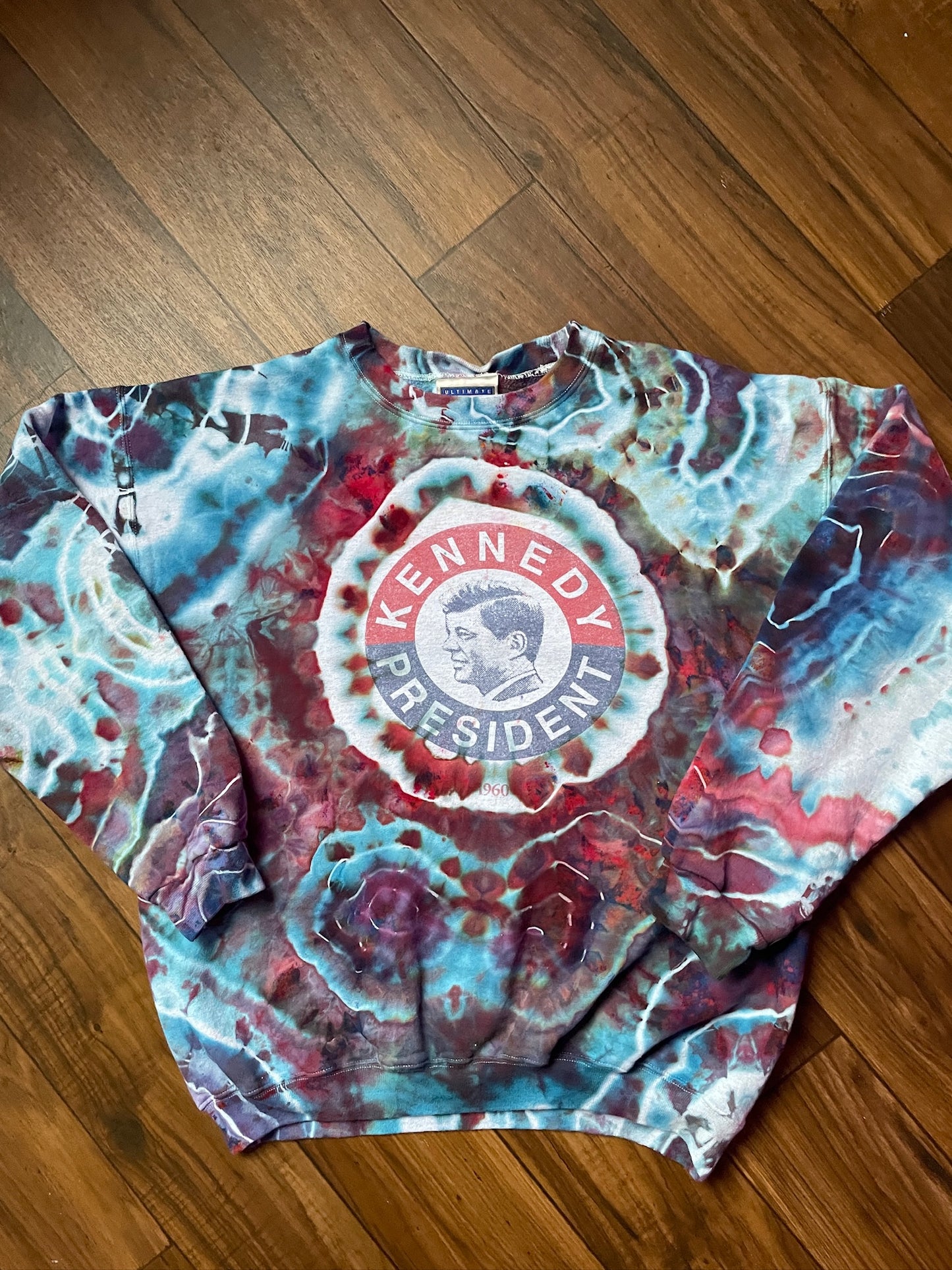 Men's Medium Vote for Kennedy Red, White, and Blue Geode Tie Dye Crewneck Sweatshirt