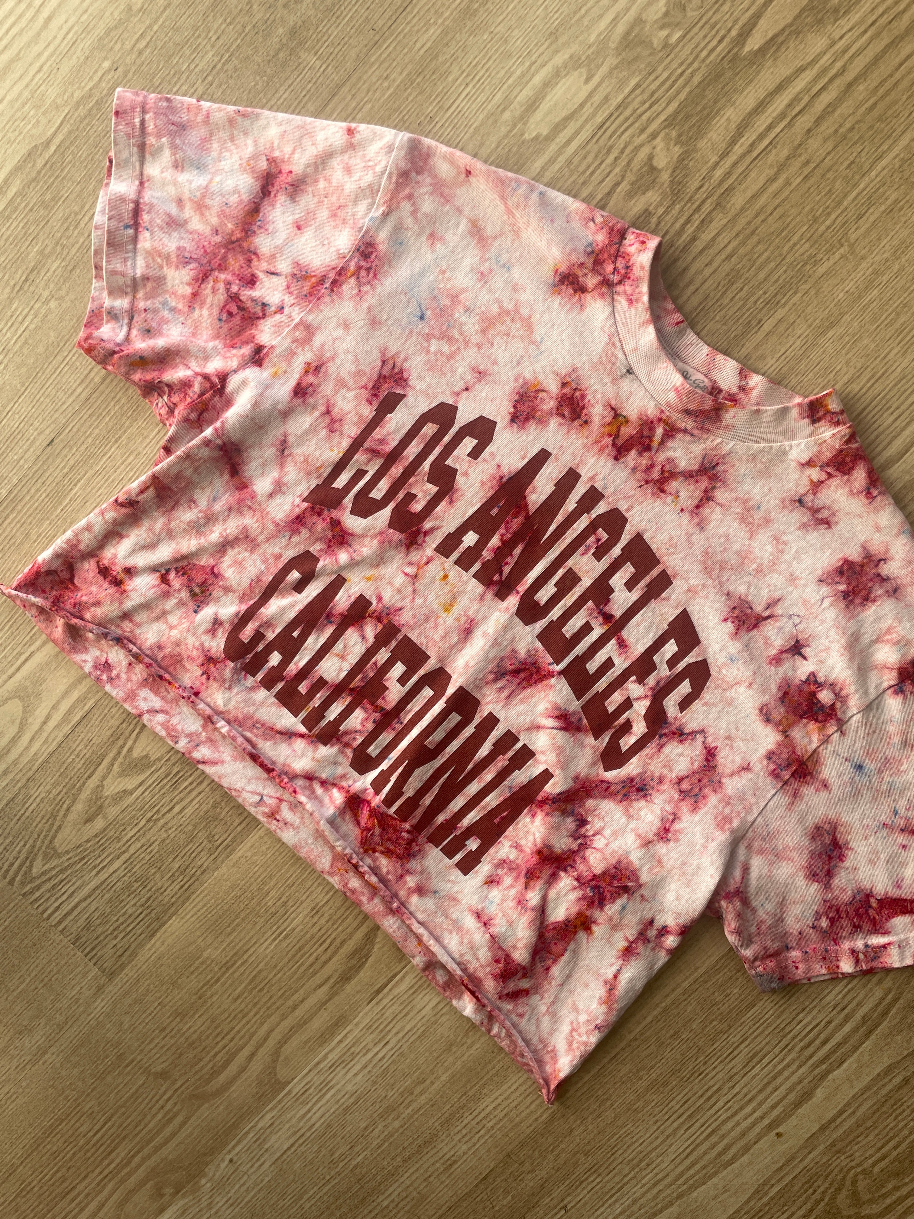 Medium Men’s Los Angeles, California Handmade Tie Dye Cropped T-Shirt | One-of-a-Kind John Galt Pink Funfetti Short Sleeve Crop Top