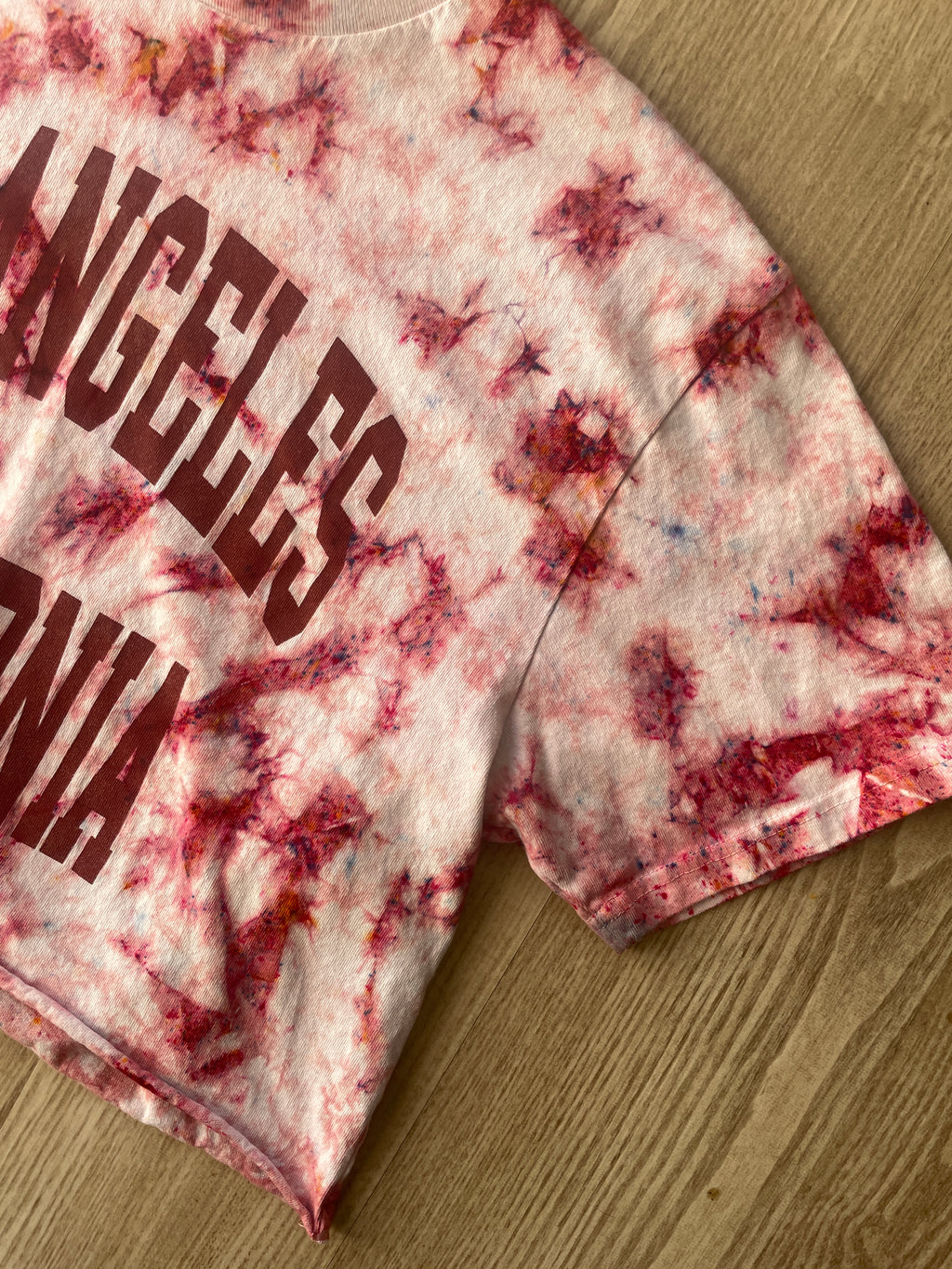 Medium Men’s Los Angeles, California Handmade Tie Dye Cropped T-Shirt | One-of-a-Kind John Galt Pink Funfetti Short Sleeve Crop Top