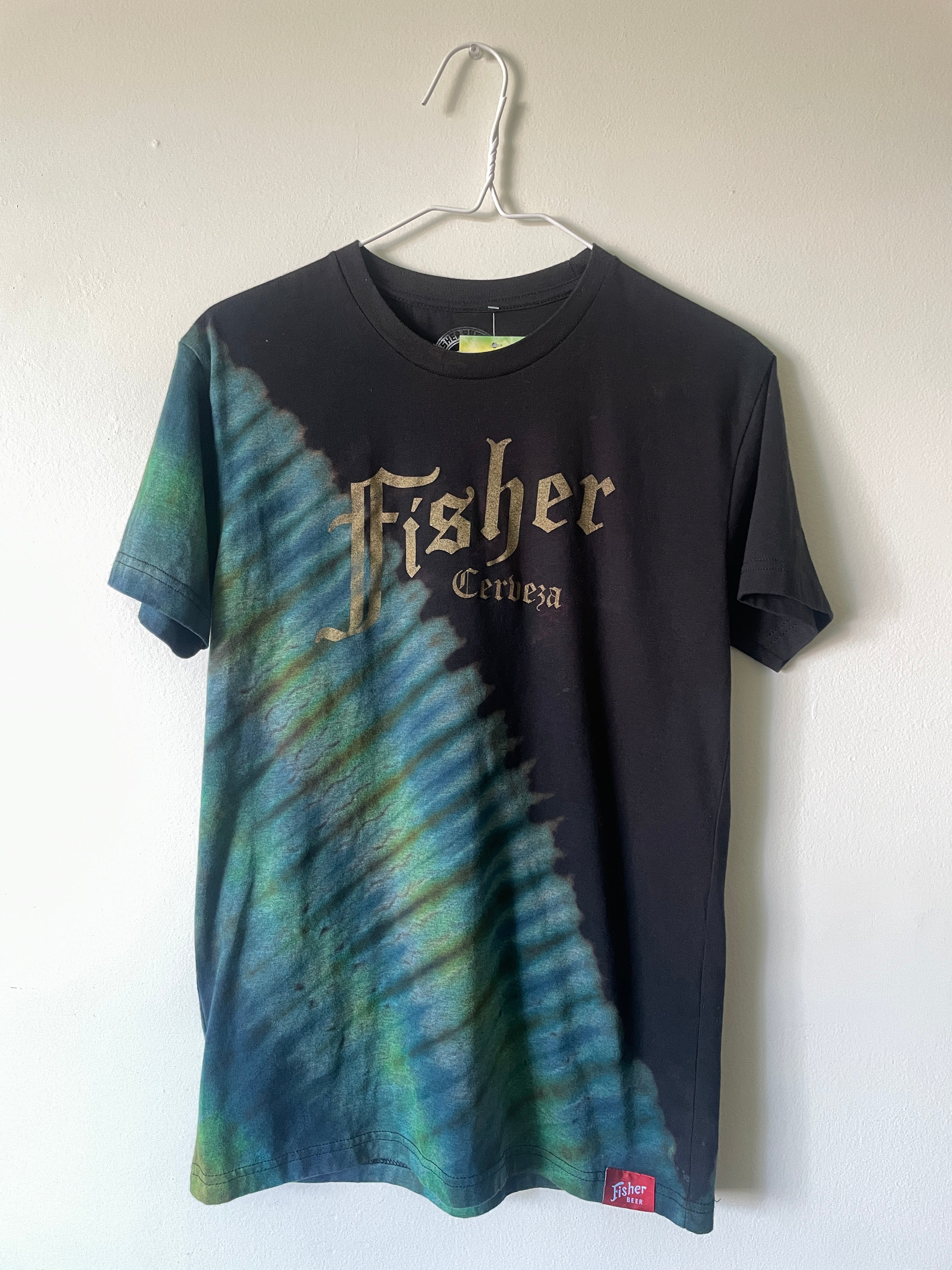 Small Men’s Fisher Cerveza Handmade Reverse Tie Dye Short Sleeve T-Shirt | One-Of-a-Kind Upcycled Black, Blue, and Green Tie Dye Top