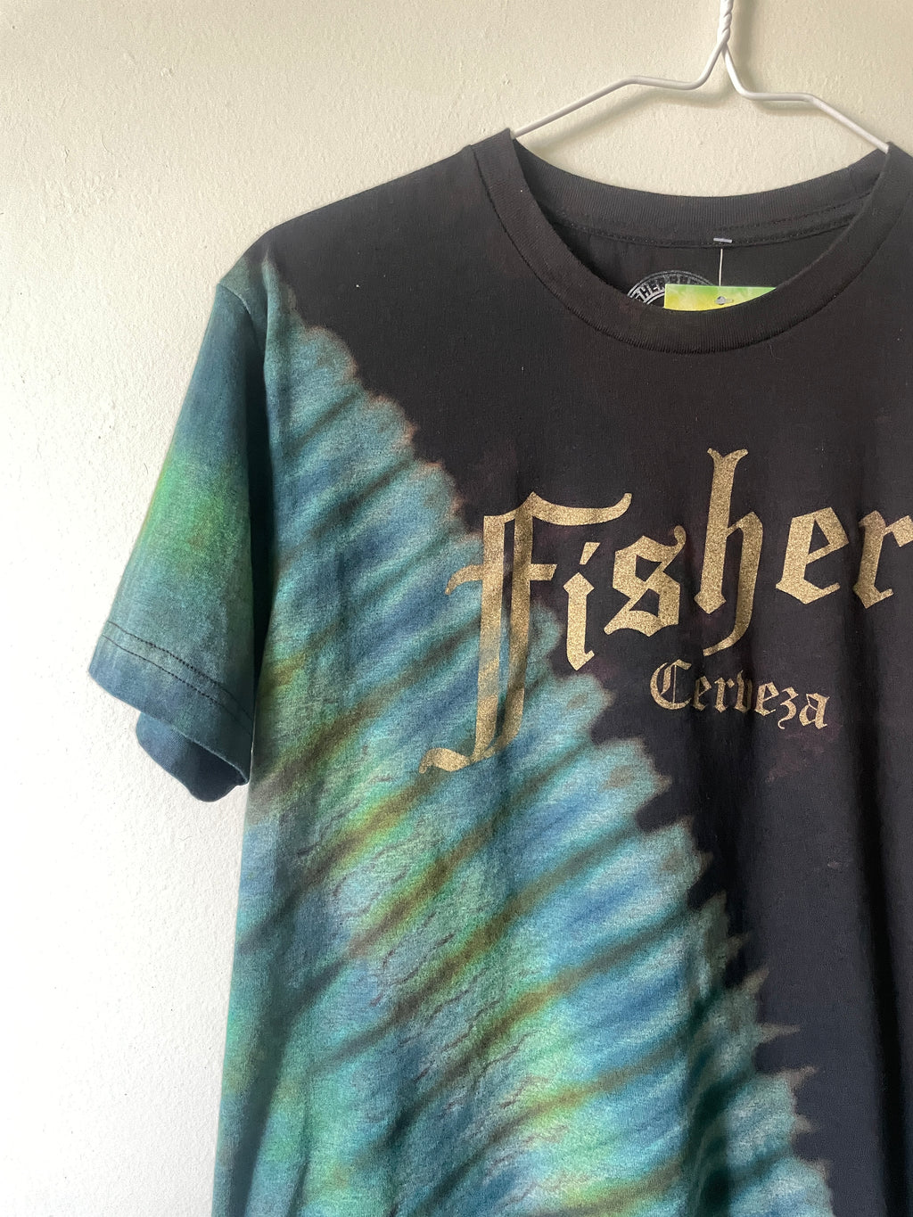 Small Men’s Fisher Cerveza Handmade Reverse Tie Dye Short Sleeve T-Shirt | One-Of-a-Kind Upcycled Black, Blue, and Green Tie Dye Top