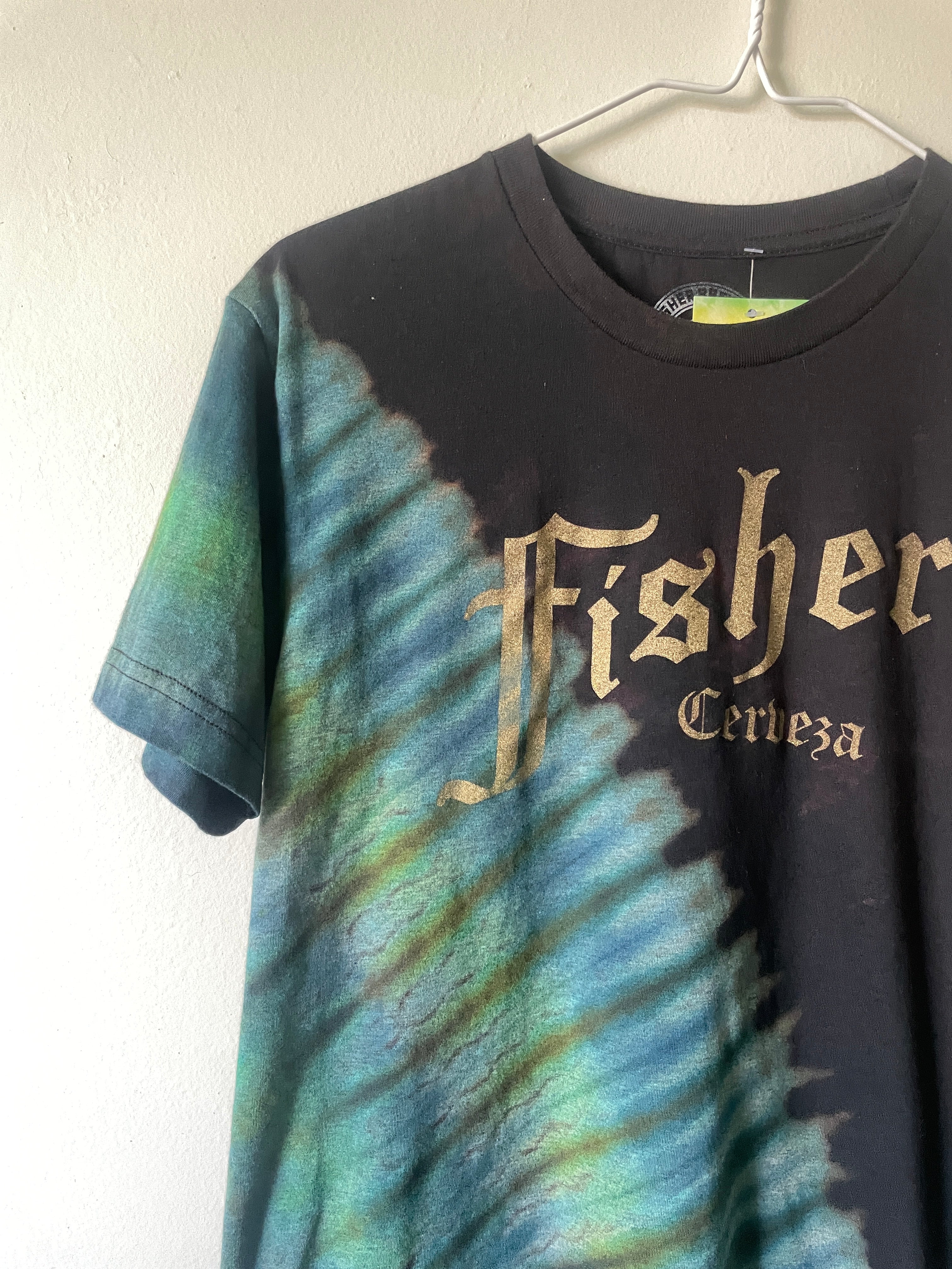 Small Men’s Fisher Cerveza Handmade Reverse Tie Dye Short Sleeve T-Shirt | One-Of-a-Kind Upcycled Black, Blue, and Green Tie Dye Top