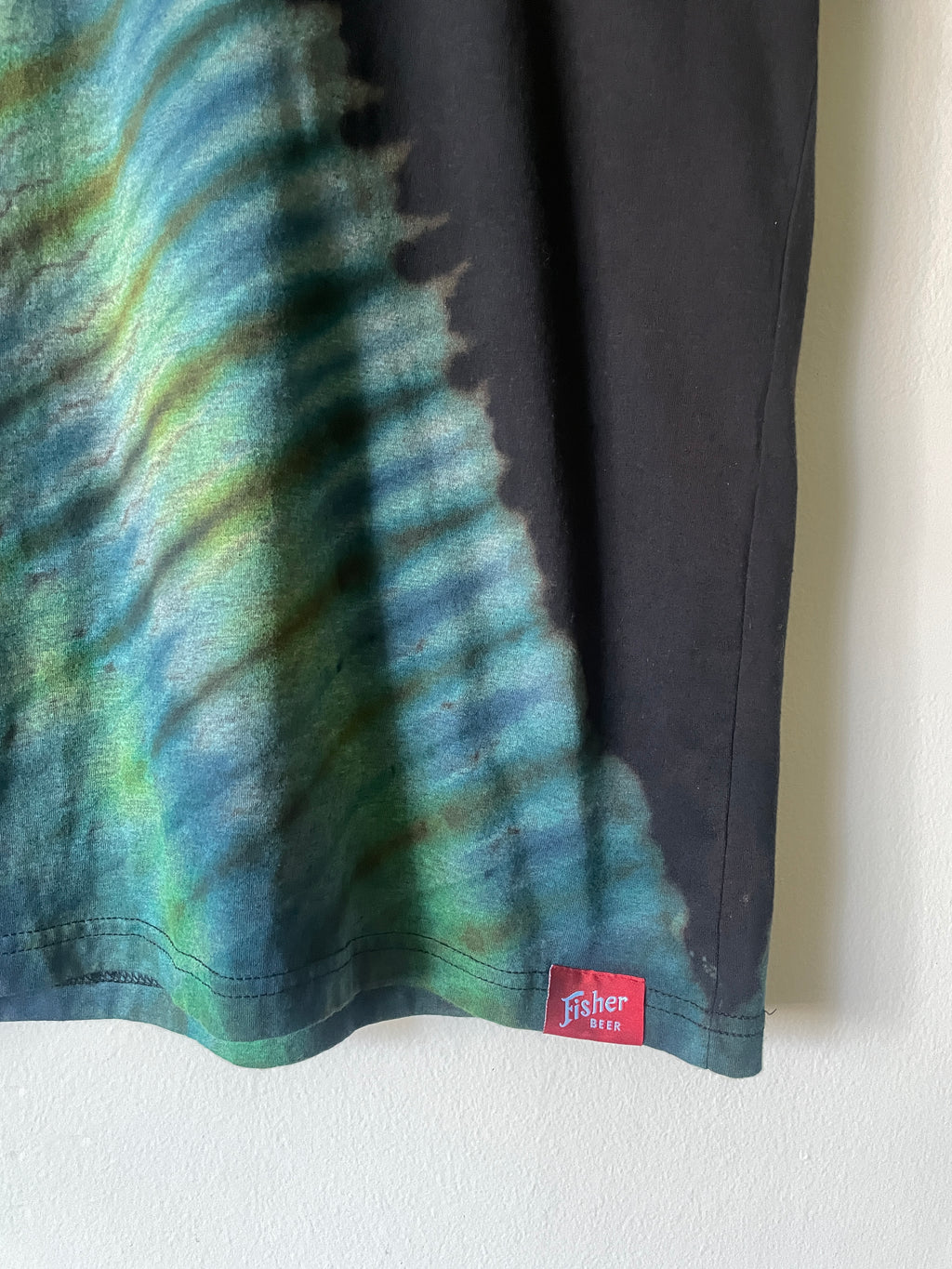 Small Men’s Fisher Cerveza Handmade Reverse Tie Dye Short Sleeve T-Shirt | One-Of-a-Kind Upcycled Black, Blue, and Green Tie Dye Top