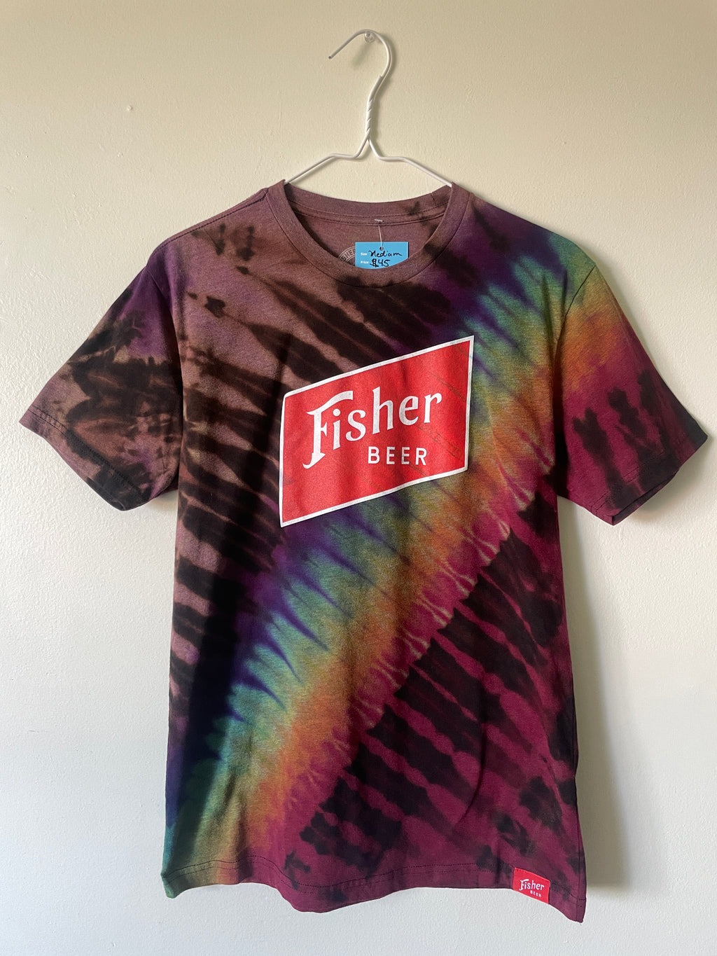Medium Men’s Fisher Beer Handmade Reverse Tie Dye Short Sleeve T-Shirt | One-Of-a-Kind Upcycled Black and Rainbow Tie Dye Top