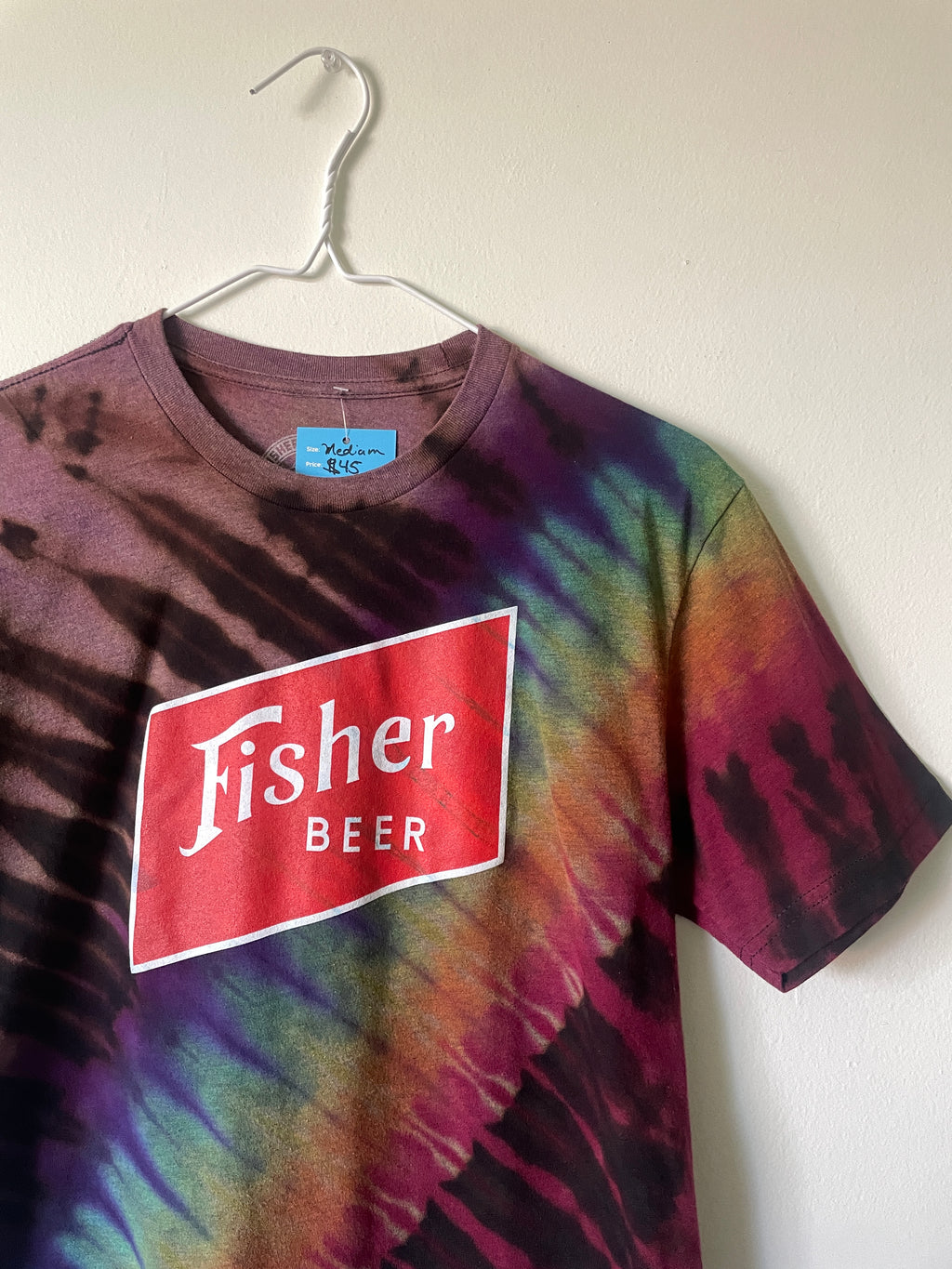 Medium Men’s Fisher Beer Handmade Reverse Tie Dye Short Sleeve T-Shirt | One-Of-a-Kind Upcycled Black and Rainbow Tie Dye Top