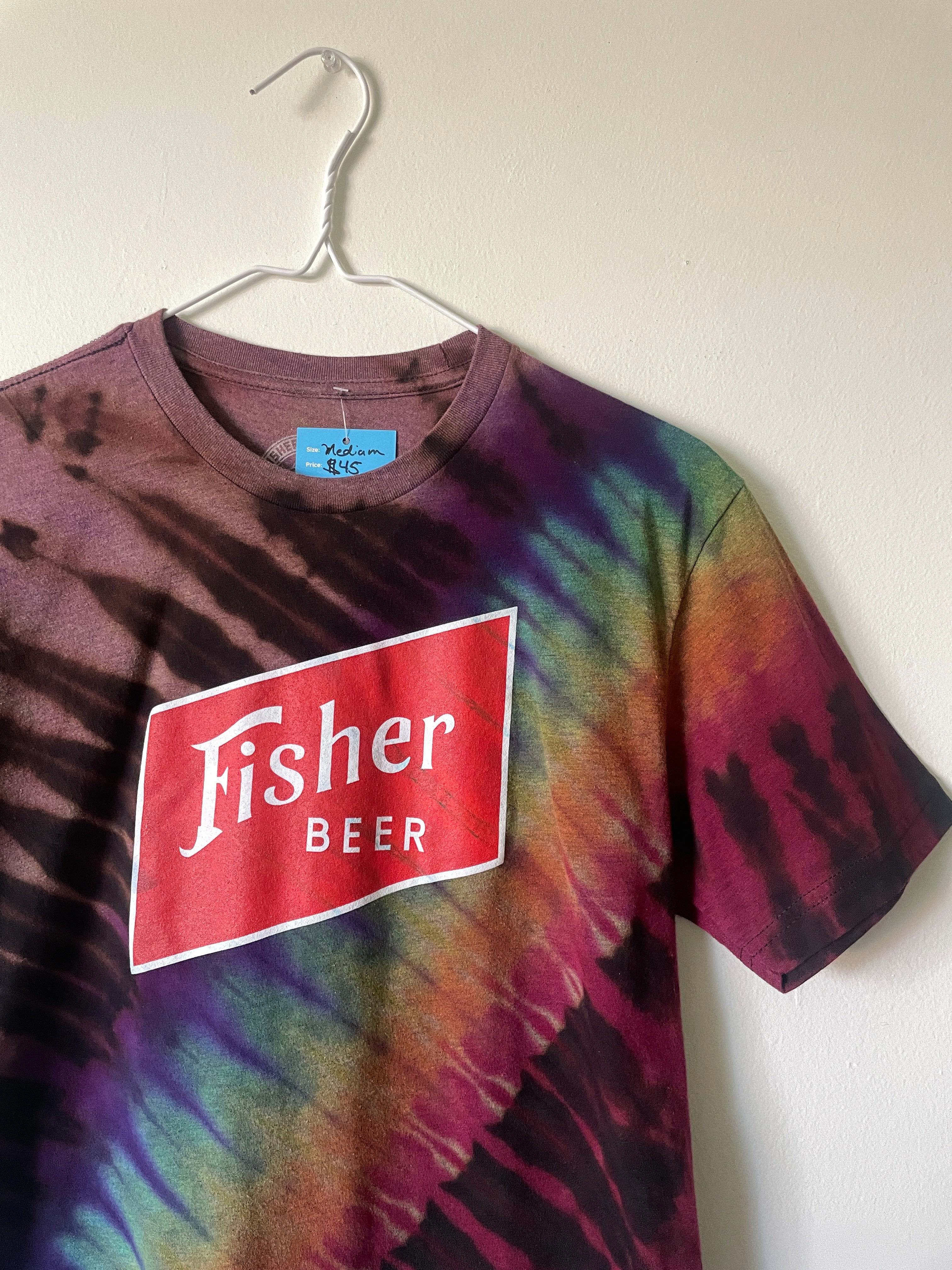 Medium Men’s Fisher Beer Handmade Reverse Tie Dye Short Sleeve T-Shirt | One-Of-a-Kind Upcycled Black and Rainbow Tie Dye Top