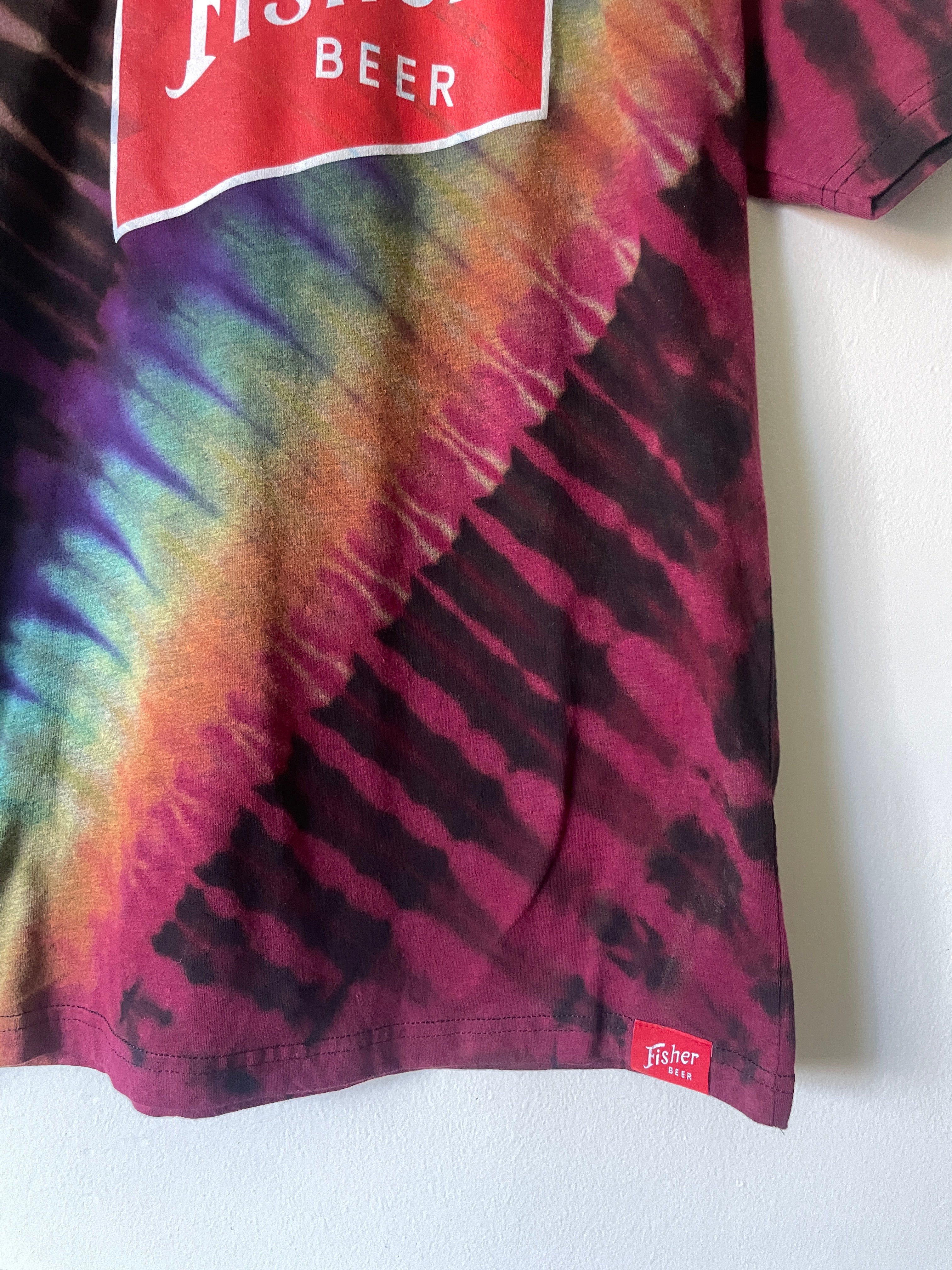 Medium Men’s Fisher Beer Handmade Reverse Tie Dye Short Sleeve T-Shirt | One-Of-a-Kind Upcycled Black and Rainbow Tie Dye Top