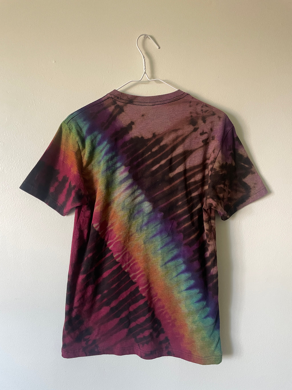 Medium Men’s Fisher Beer Handmade Reverse Tie Dye Short Sleeve T-Shirt | One-Of-a-Kind Upcycled Black and Rainbow Tie Dye Top