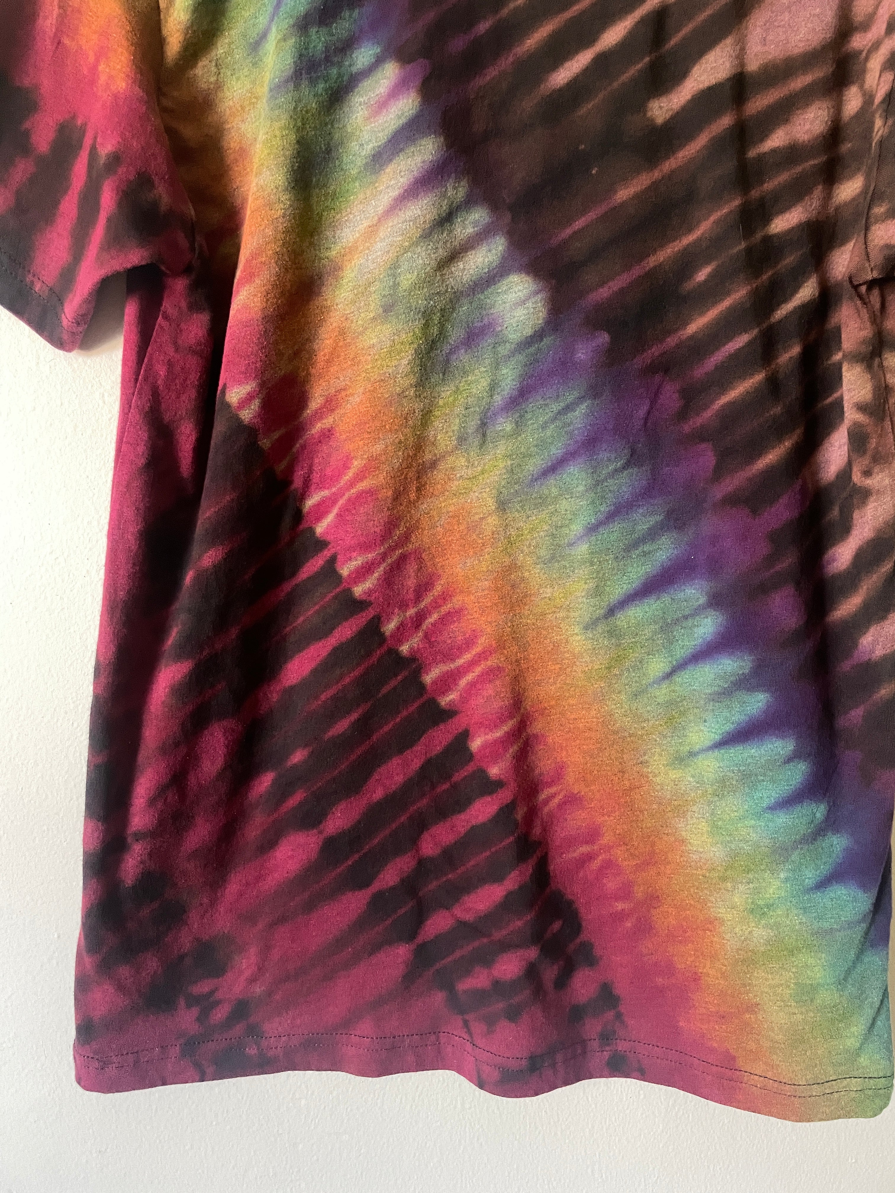 Medium Men’s Fisher Beer Handmade Reverse Tie Dye Short Sleeve T-Shirt | One-Of-a-Kind Upcycled Black and Rainbow Tie Dye Top