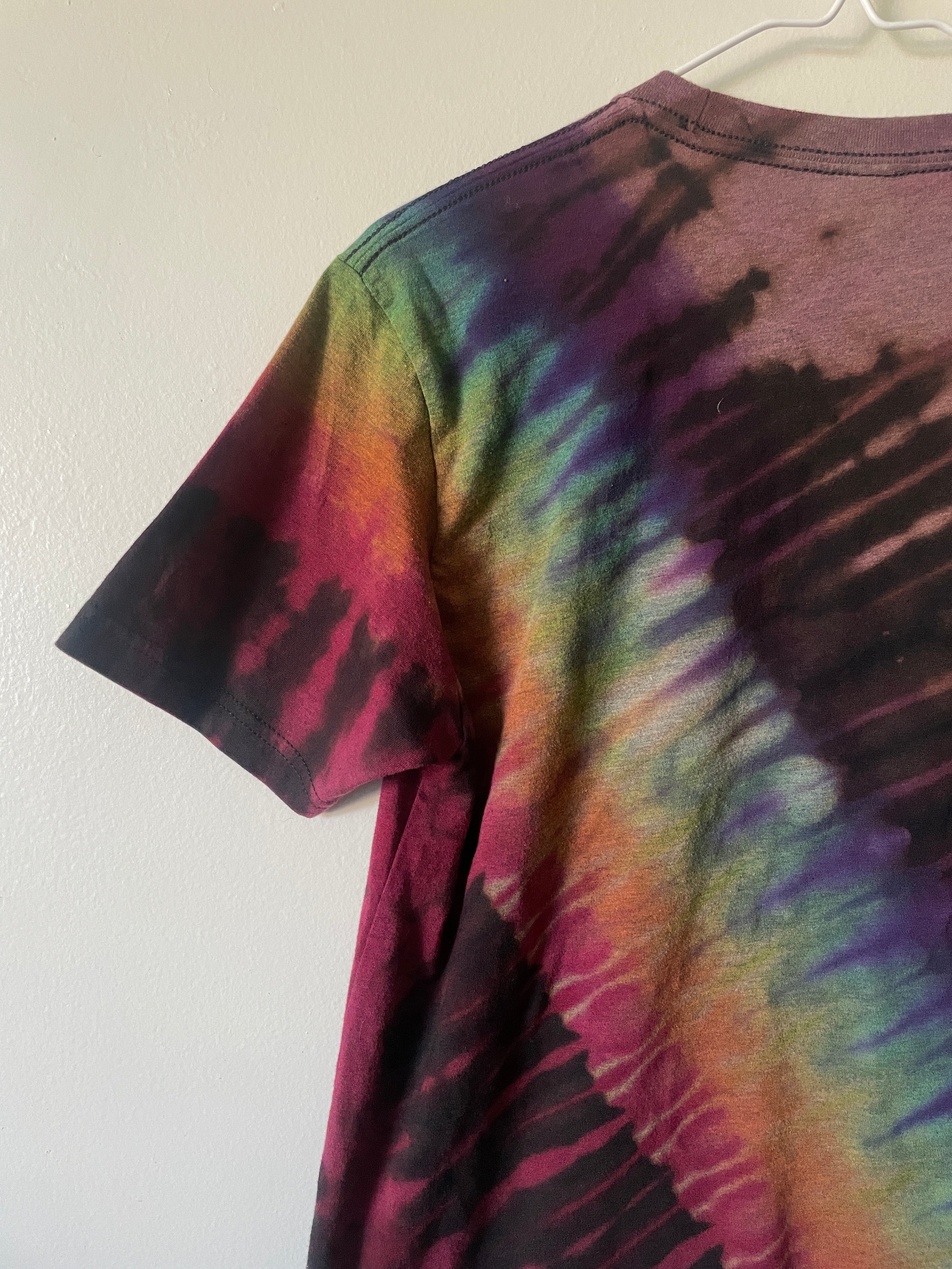 Medium Men’s Fisher Beer Handmade Reverse Tie Dye Short Sleeve T-Shirt | One-Of-a-Kind Upcycled Black and Rainbow Tie Dye Top