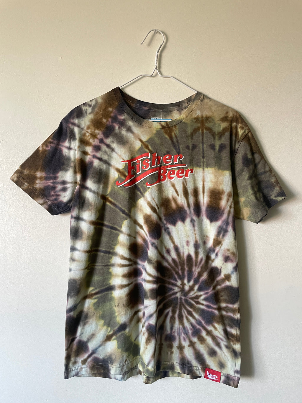 Medium Men’s Fisher Beer Handmade Reverse Tie Dye Short Sleeve T-Shirt | One-Of-a-Kind Upcycled Black and Rainbow Tie Dye Top