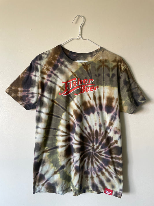 Medium Men’s Fisher Beer Handmade Reverse Tie Dye Short Sleeve T-Shirt | One-Of-a-Kind Upcycled Black and Rainbow Tie Dye Top
