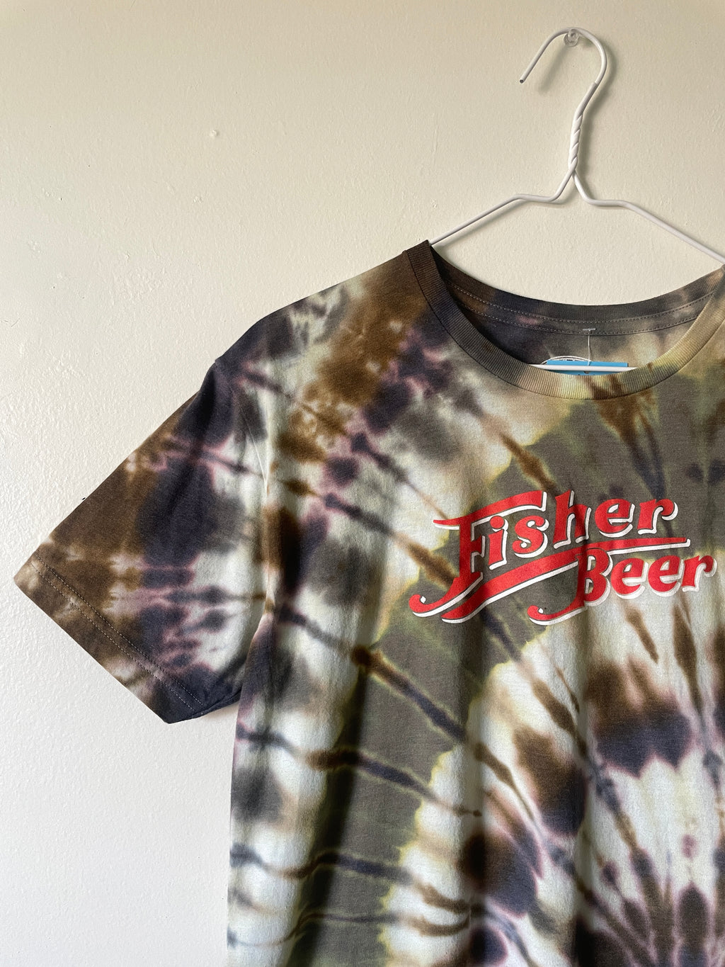 Medium Men’s Fisher Beer Handmade Reverse Tie Dye Short Sleeve T-Shirt | One-Of-a-Kind Upcycled Black and Rainbow Tie Dye Top