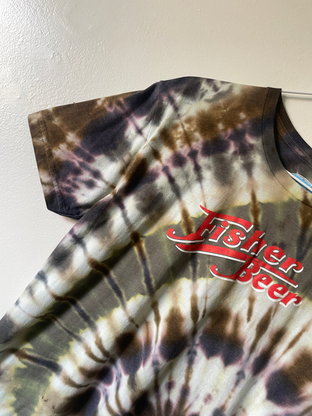 Medium Men’s Fisher Beer Handmade Reverse Tie Dye Short Sleeve T-Shirt | One-Of-a-Kind Upcycled Black and Rainbow Tie Dye Top