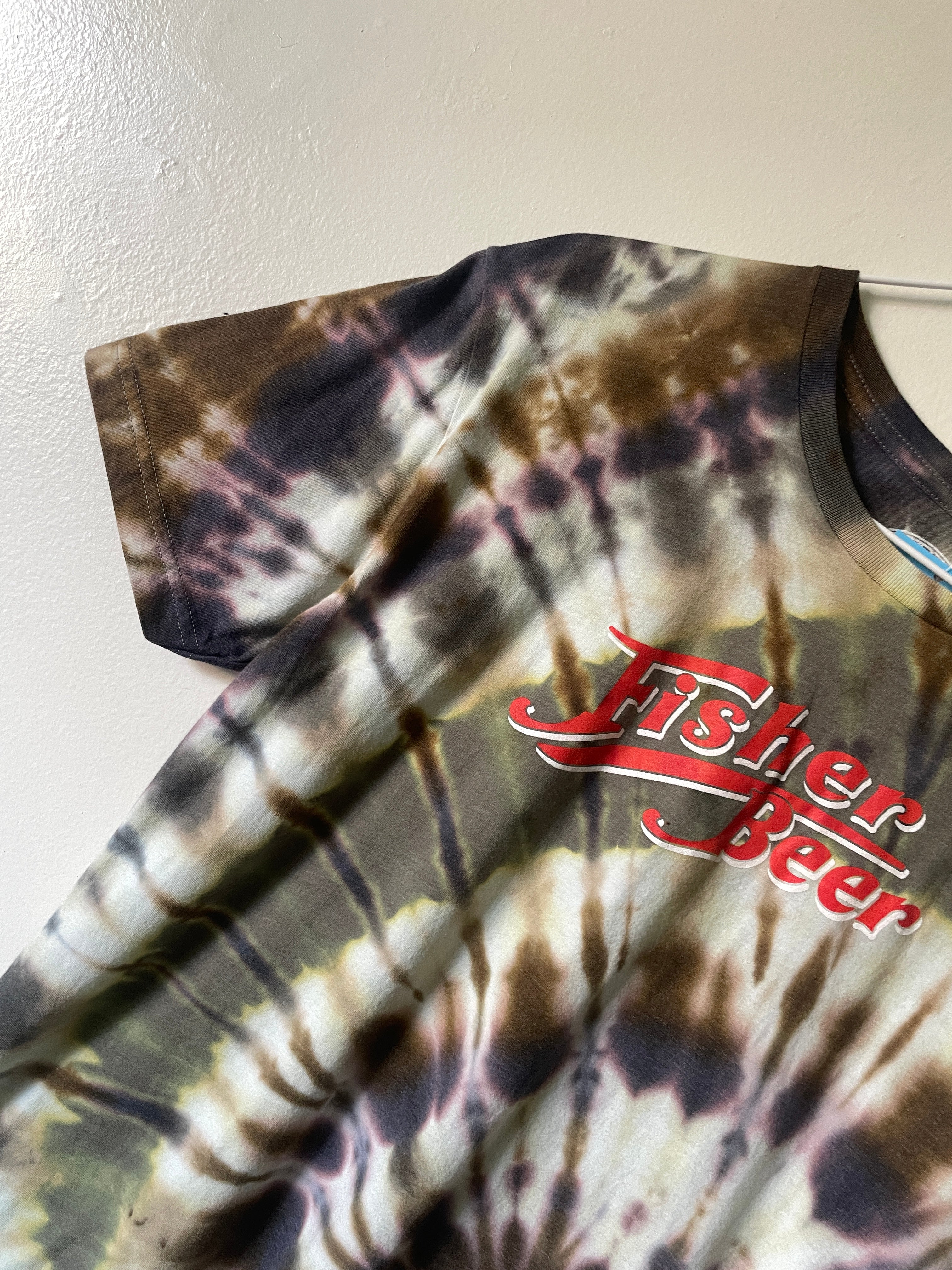 Medium Men’s Fisher Beer Handmade Reverse Tie Dye Short Sleeve T-Shirt | One-Of-a-Kind Upcycled Black and Rainbow Tie Dye Top