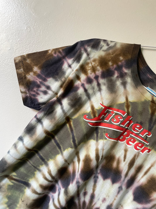 Medium Men’s Fisher Beer Handmade Reverse Tie Dye Short Sleeve T-Shirt | One-Of-a-Kind Upcycled Black and Rainbow Tie Dye Top