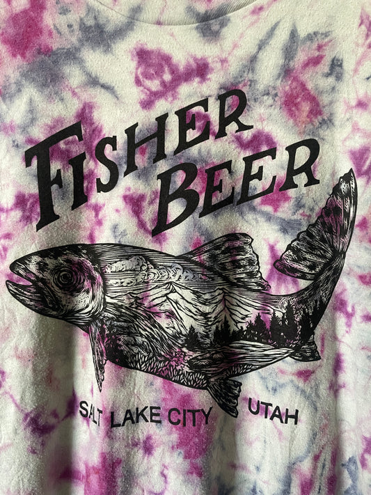 Large Men’s Fisher Beer Handmade Reverse Tie Dye Short Sleeve T-Shirt | One-Of-a-Kind Upcycled Purple and Gray Crumpled Tie Dye Top